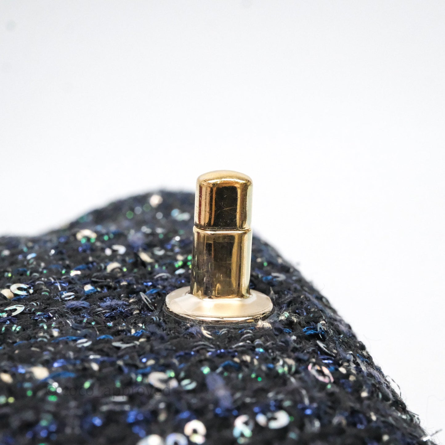 Chanel Small Tweed Sequin Flap Navy With Pearl Chain Gold Hardware