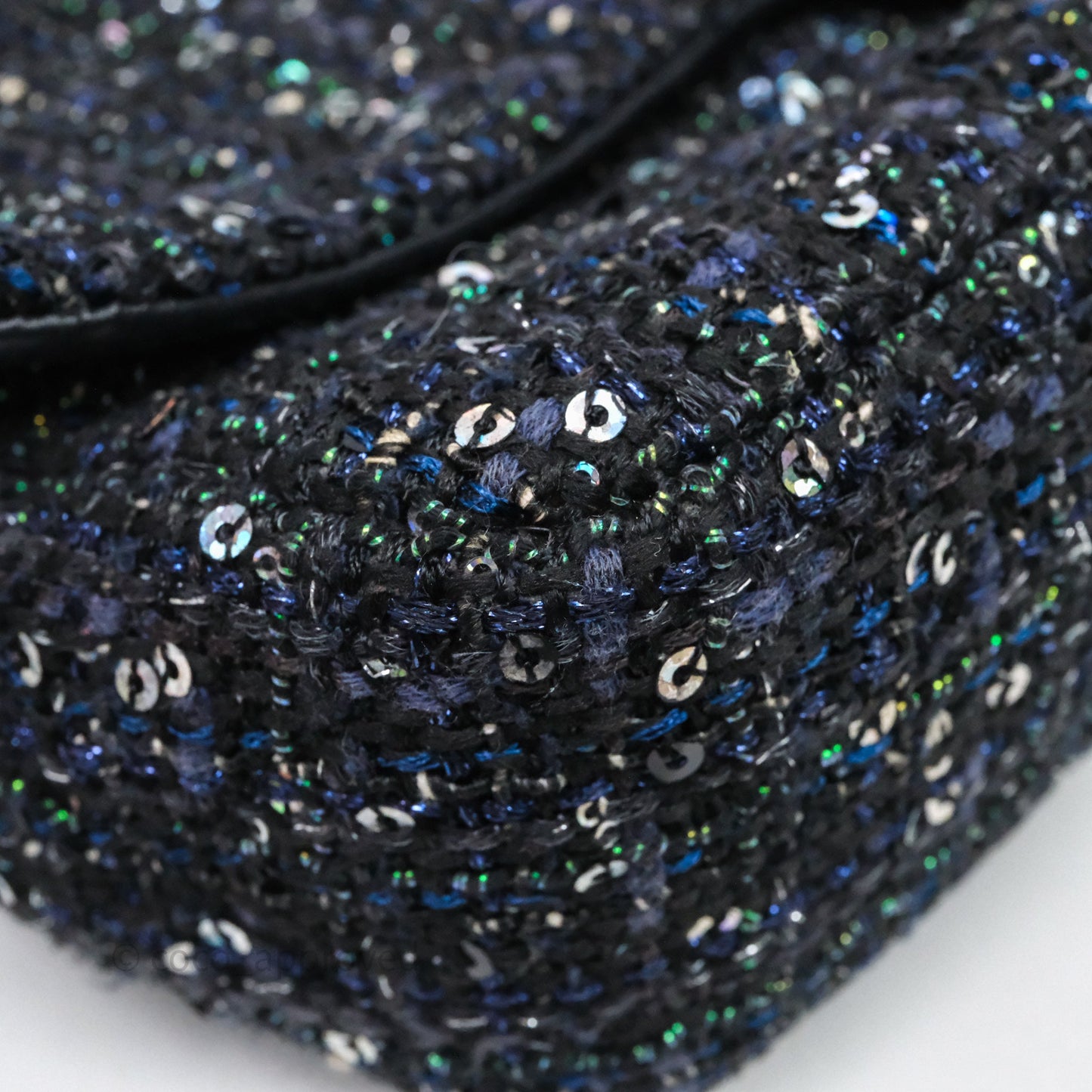Chanel Small Tweed Sequin Flap Navy With Pearl Chain Gold Hardware