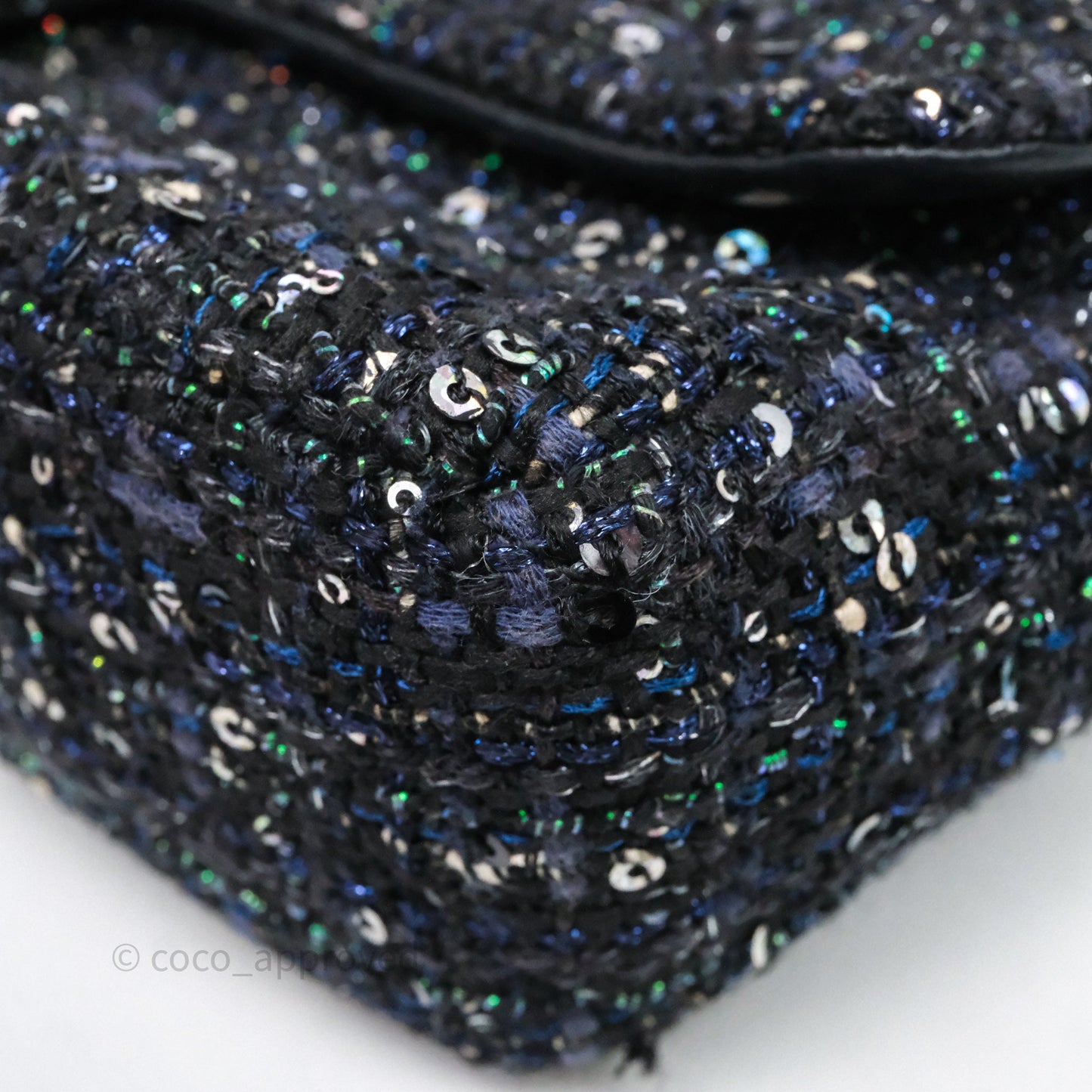 Chanel Small Tweed Sequin Flap Navy With Pearl Chain Gold Hardware