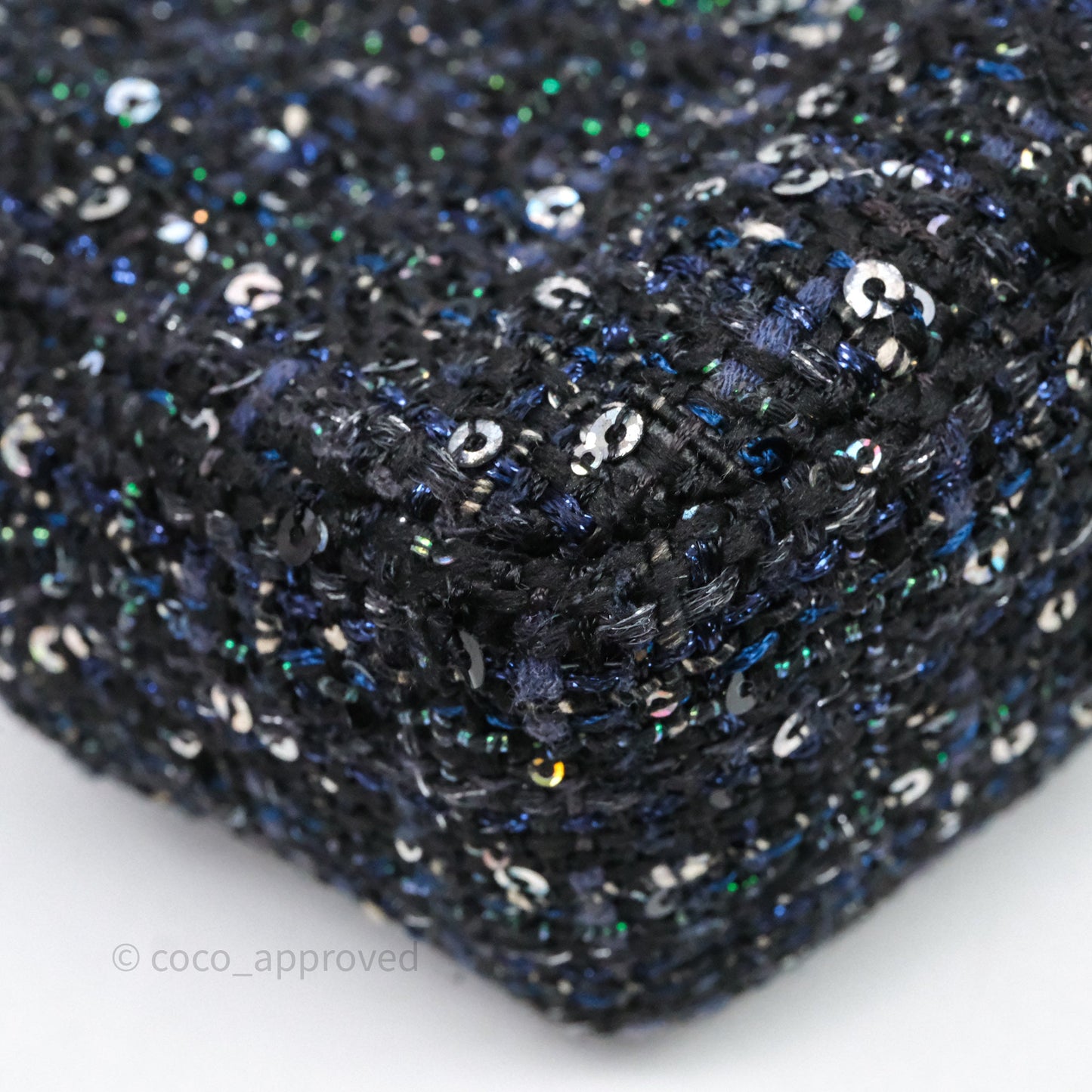Chanel Small Tweed Sequin Flap Navy With Pearl Chain Gold Hardware