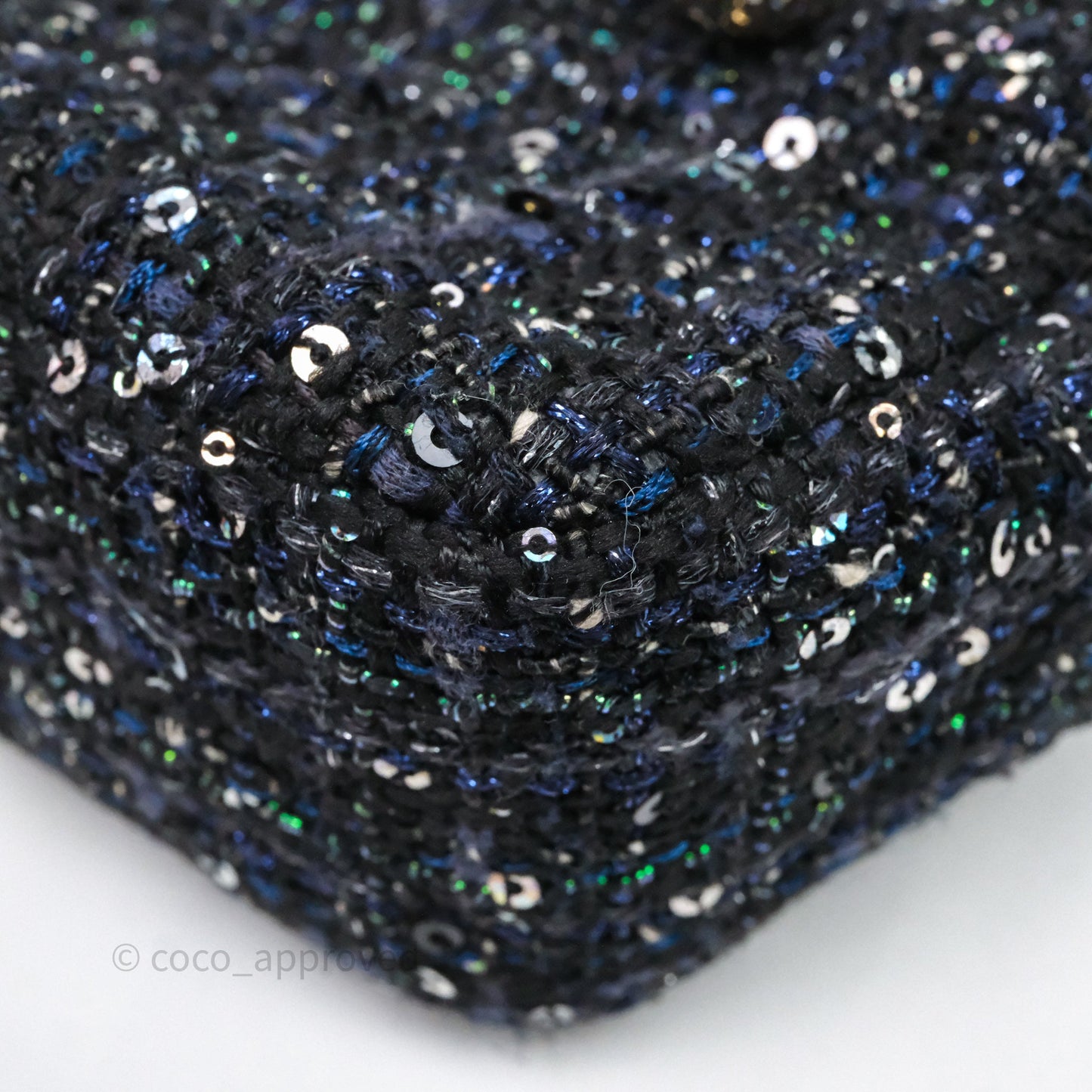 Chanel Small Tweed Sequin Flap Navy With Pearl Chain Gold Hardware