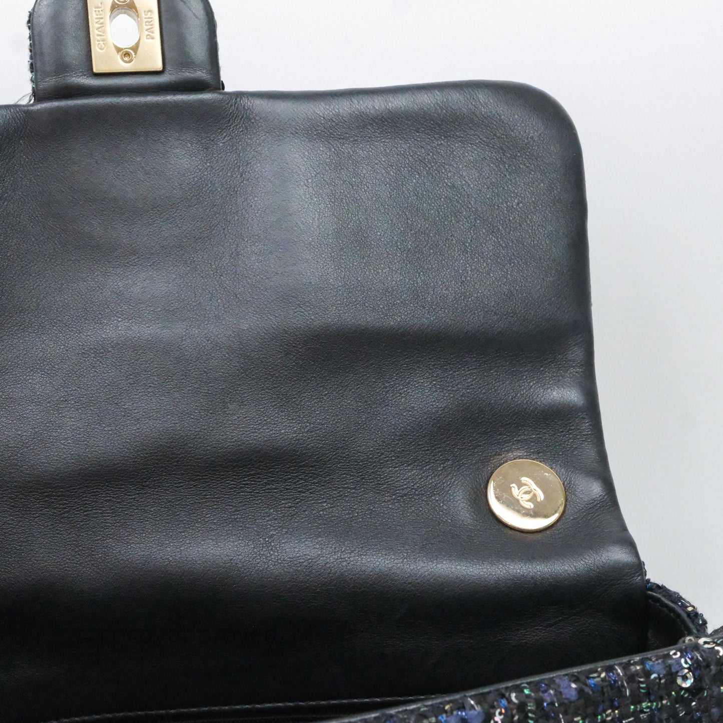 Chanel Small Tweed Sequin Flap Navy With Pearl Chain Gold Hardware