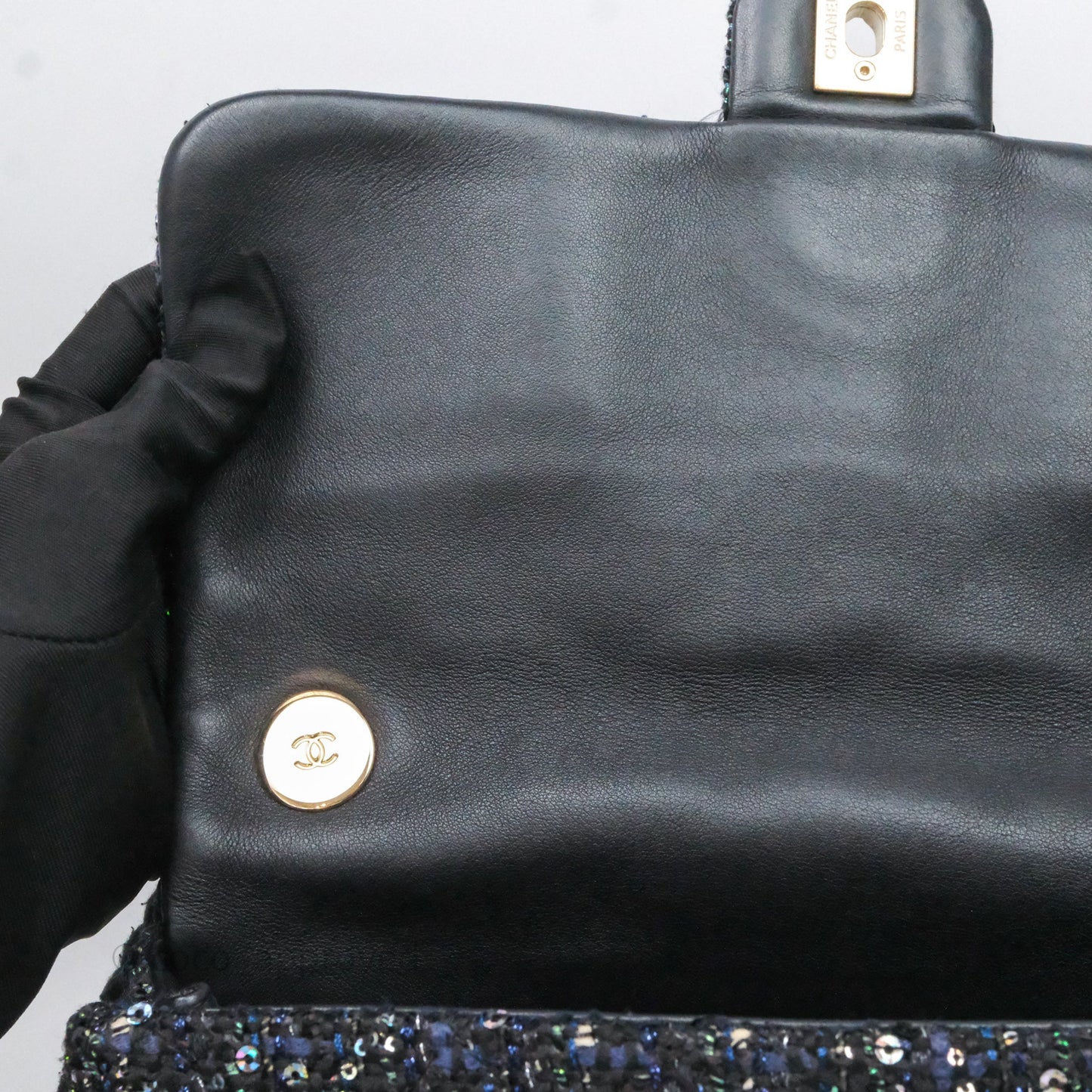 Chanel Small Tweed Sequin Flap Navy With Pearl Chain Gold Hardware