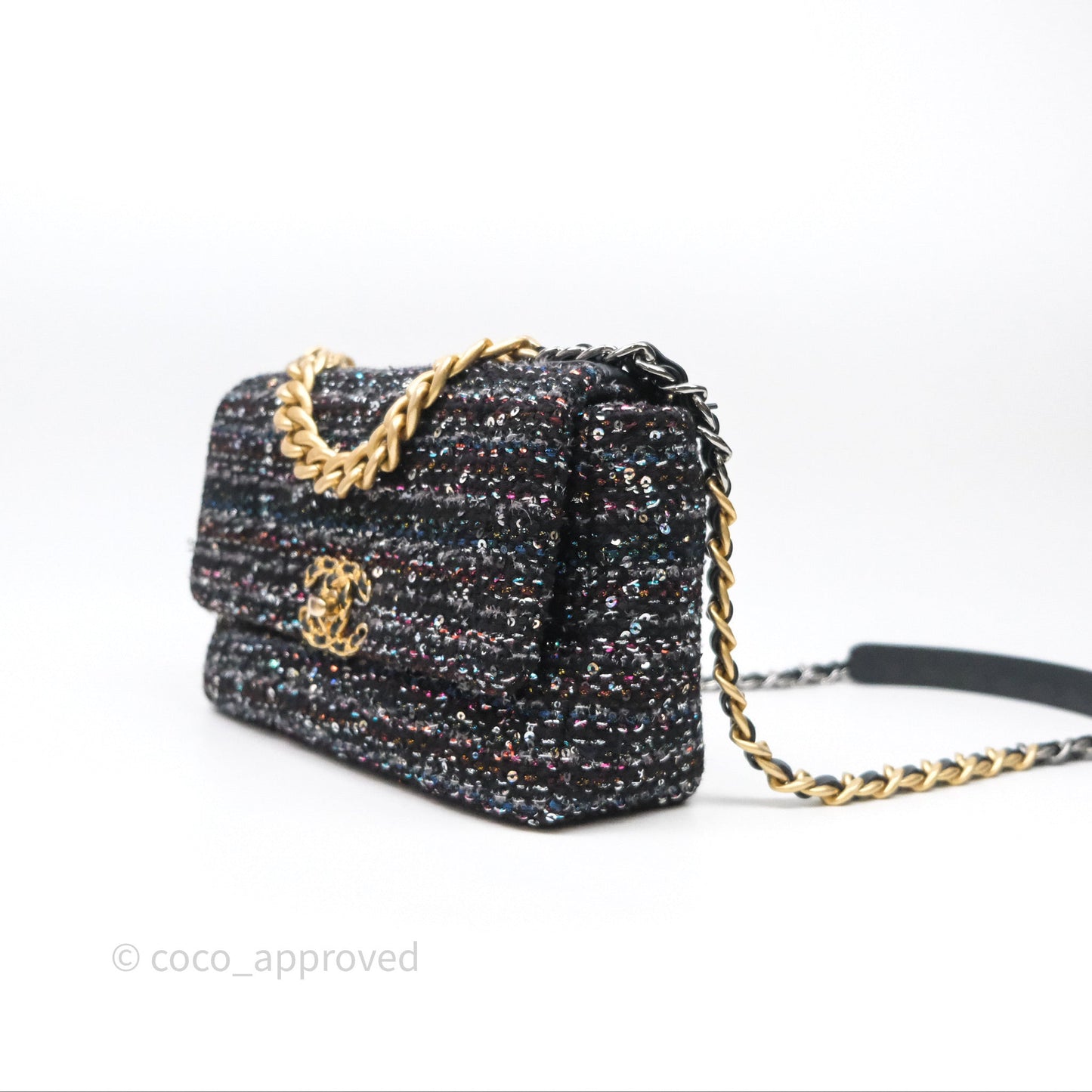 Chanel 19 Small Tweed Sequin Quilted Flap Black Multicolor Mixed Hardware