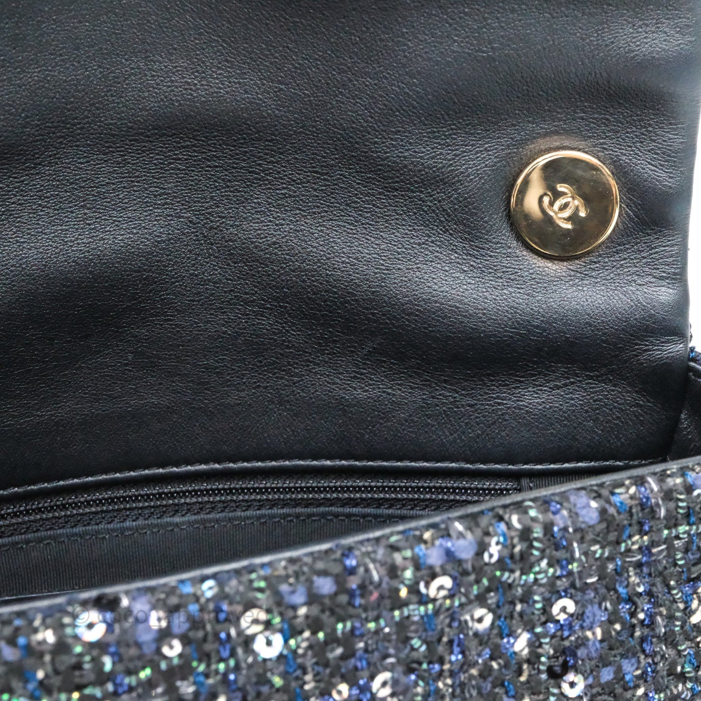 Chanel Small Tweed Sequin Flap Navy With Pearl Chain Gold Hardware