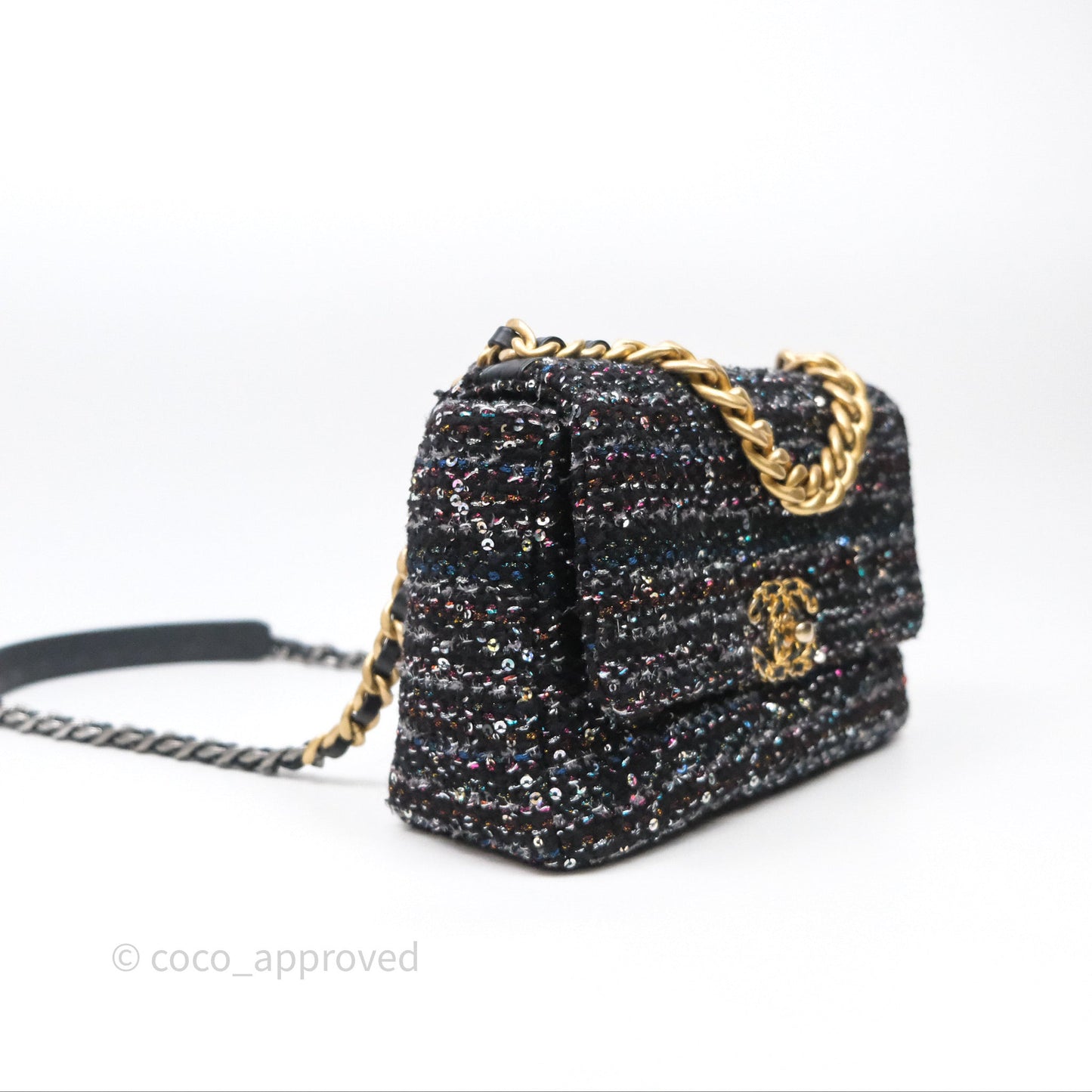 Chanel 19 Small Tweed Sequin Quilted Flap Black Multicolor Mixed Hardware