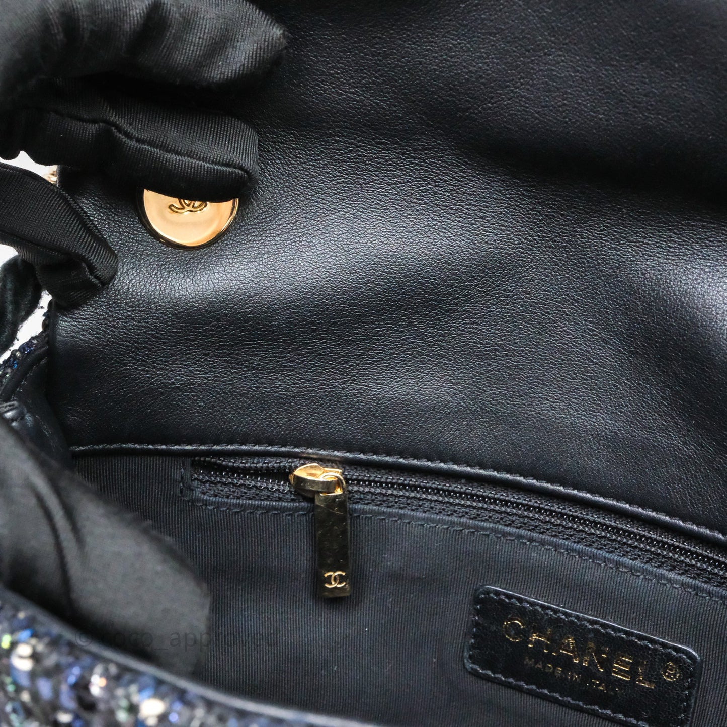Chanel Small Tweed Sequin Flap Navy With Pearl Chain Gold Hardware