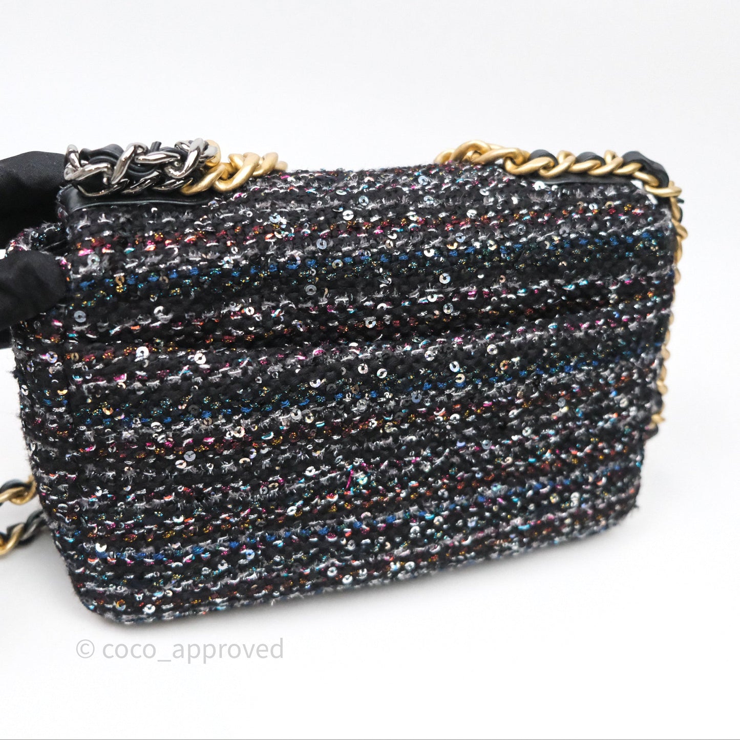 Chanel 19 Small Tweed Sequin Quilted Flap Black Multicolor Mixed Hardware