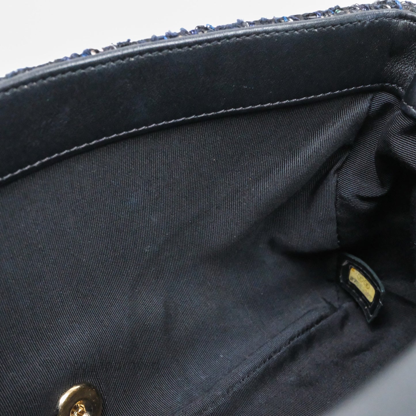 Chanel Small Tweed Sequin Flap Navy With Pearl Chain Gold Hardware