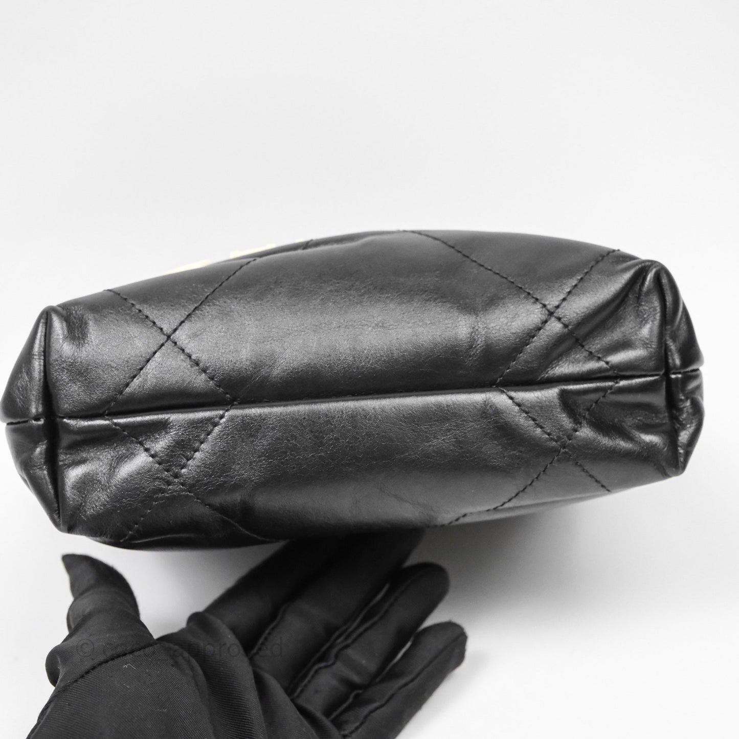 Chanel 22 Mini Bag Black Crumpled Calfskin White Lacquered Metal Logo