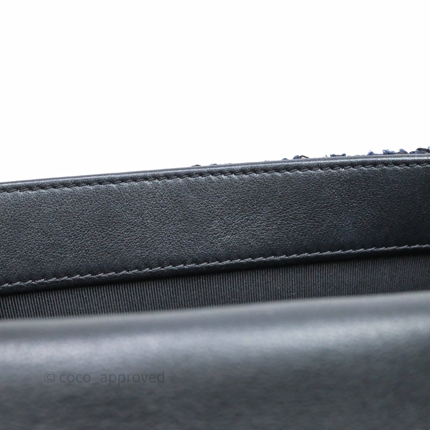 Chanel Small Tweed Sequin Flap Navy With Pearl Chain Gold Hardware