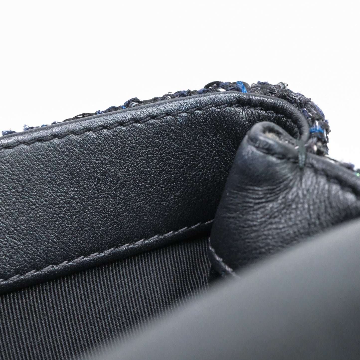 Chanel Small Tweed Sequin Flap Navy With Pearl Chain Gold Hardware