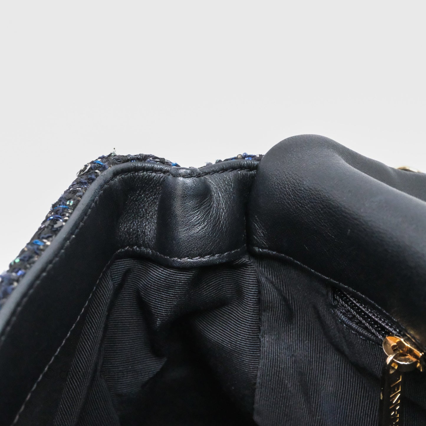 Chanel Small Tweed Sequin Flap Navy With Pearl Chain Gold Hardware