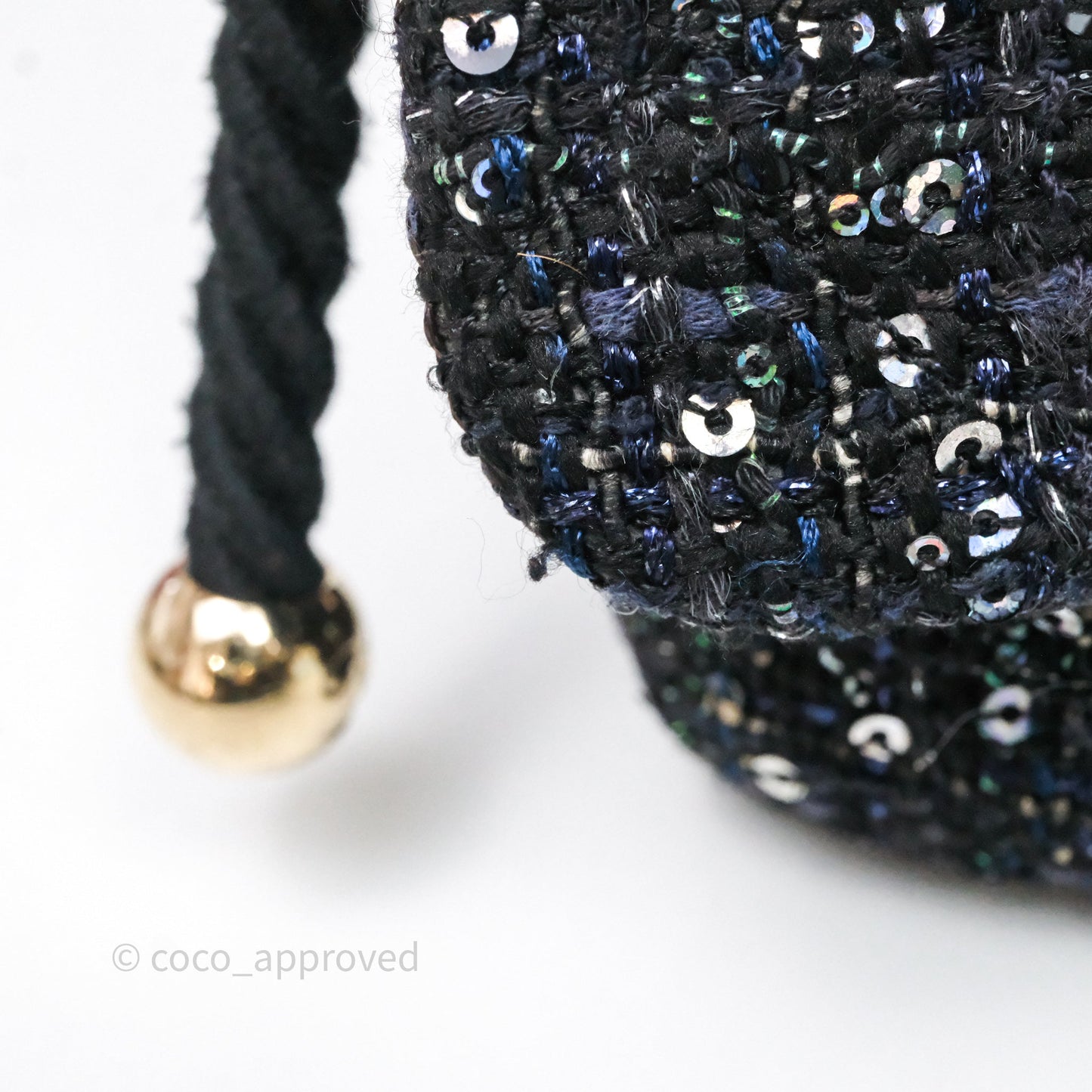 Chanel Small Tweed Sequin Flap Navy With Pearl Chain Gold Hardware