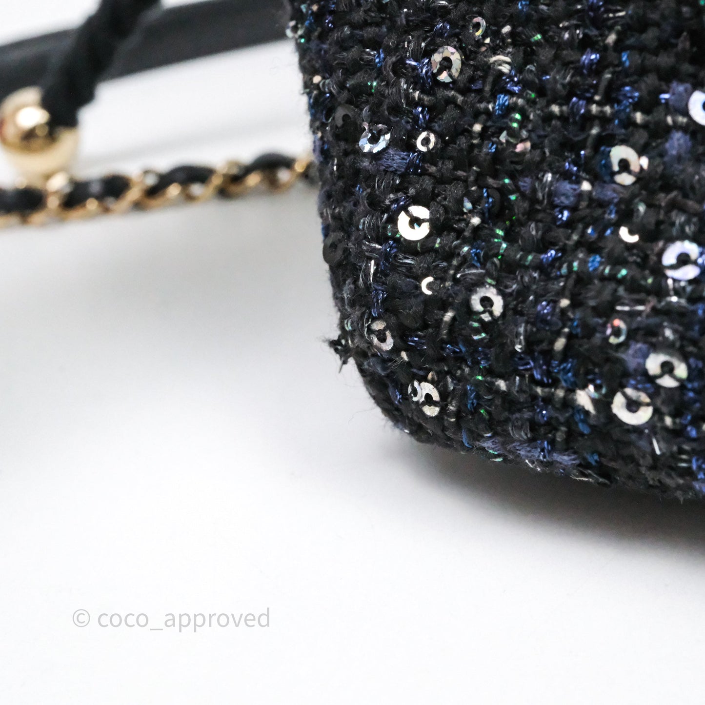 Chanel Small Tweed Sequin Flap Navy With Pearl Chain Gold Hardware
