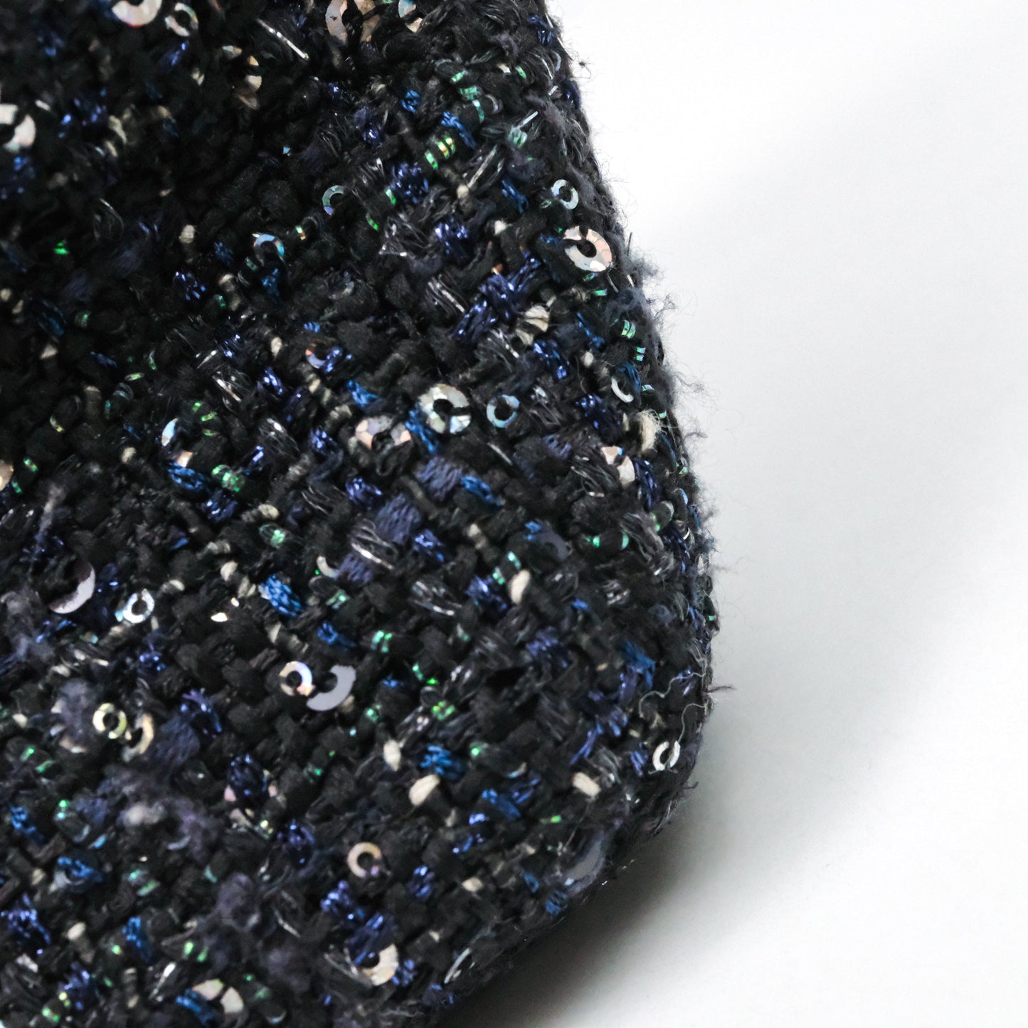 Chanel Small Tweed Sequin Flap Navy With Pearl Chain Gold Hardware