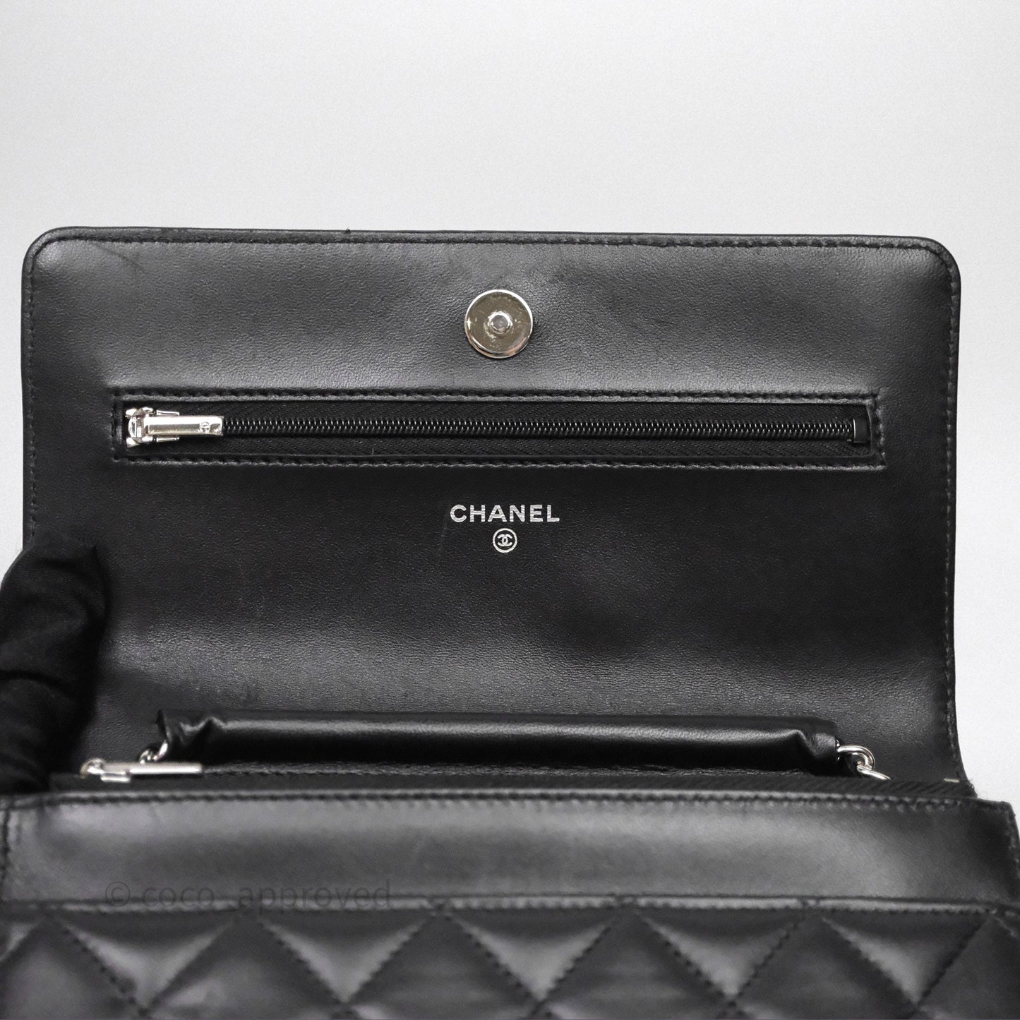 Chanel Quilted WOC Black Lambskin Silver Hardware