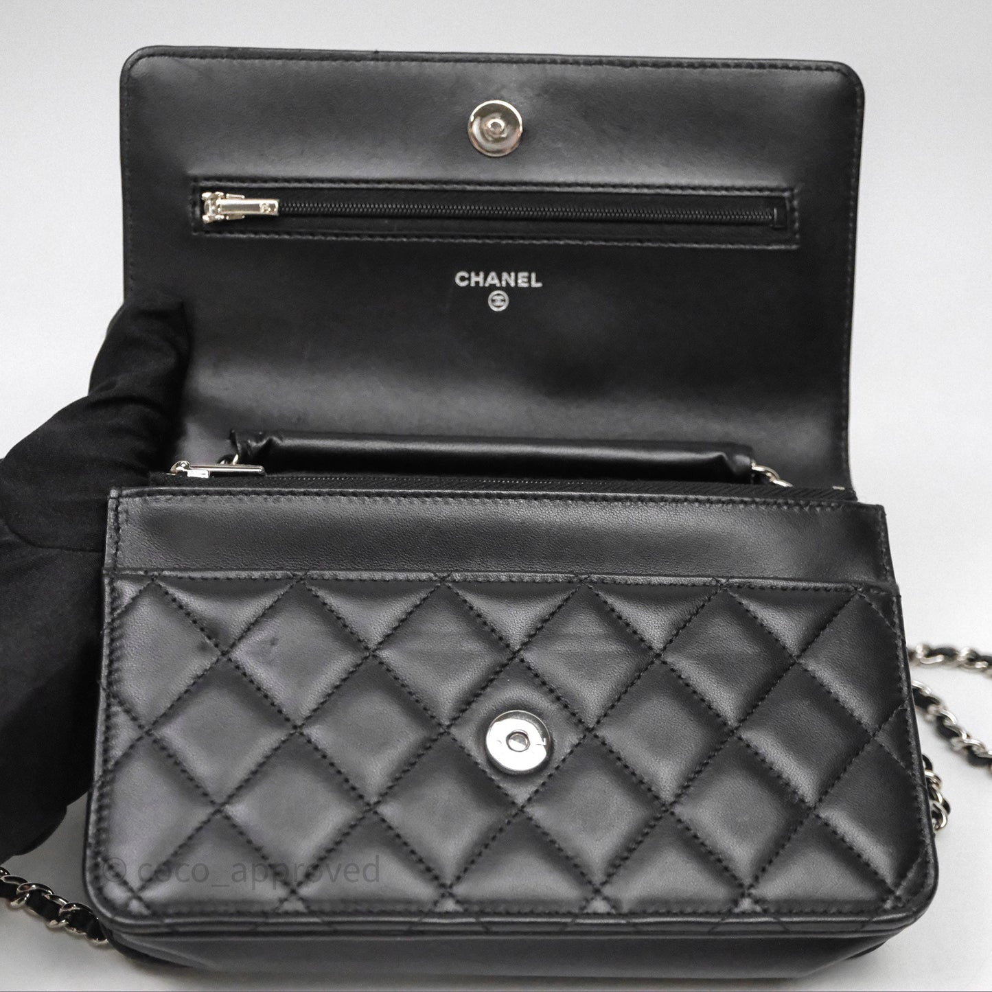 Chanel Quilted WOC Black Lambskin Silver Hardware