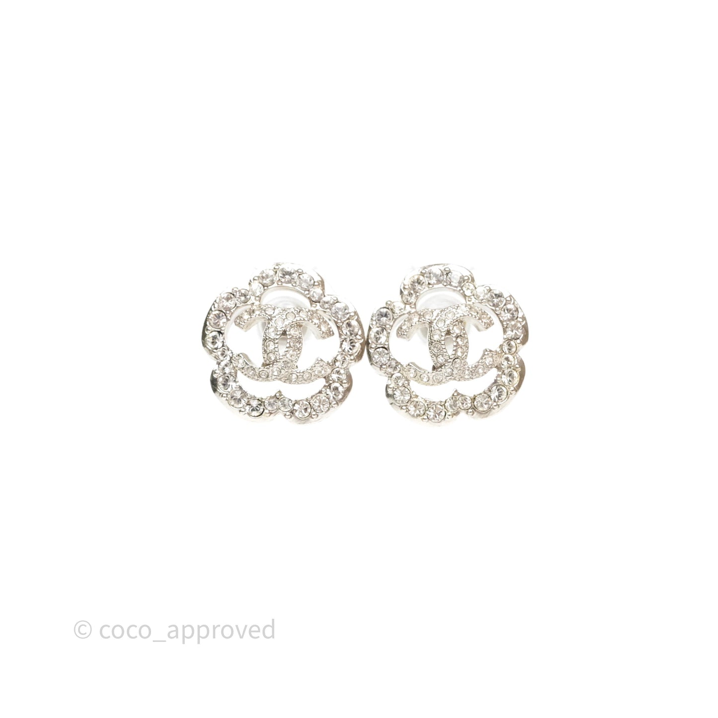 Chanel Crystal CC Camellia Earrings Silver Tone 21V