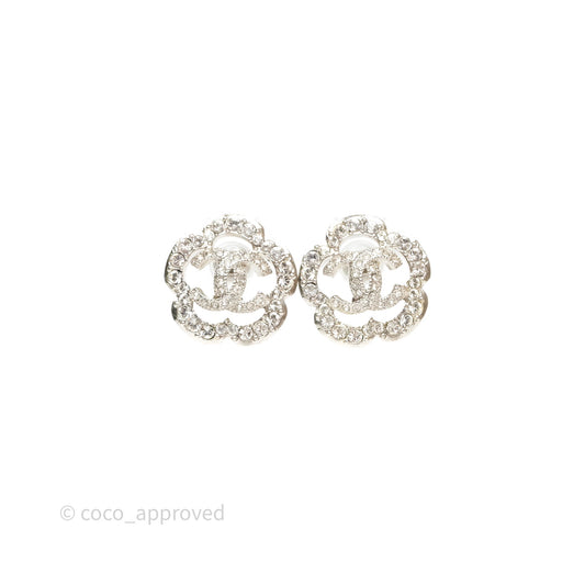 Chanel Crystal CC Camellia Earrings Silver Tone 21V