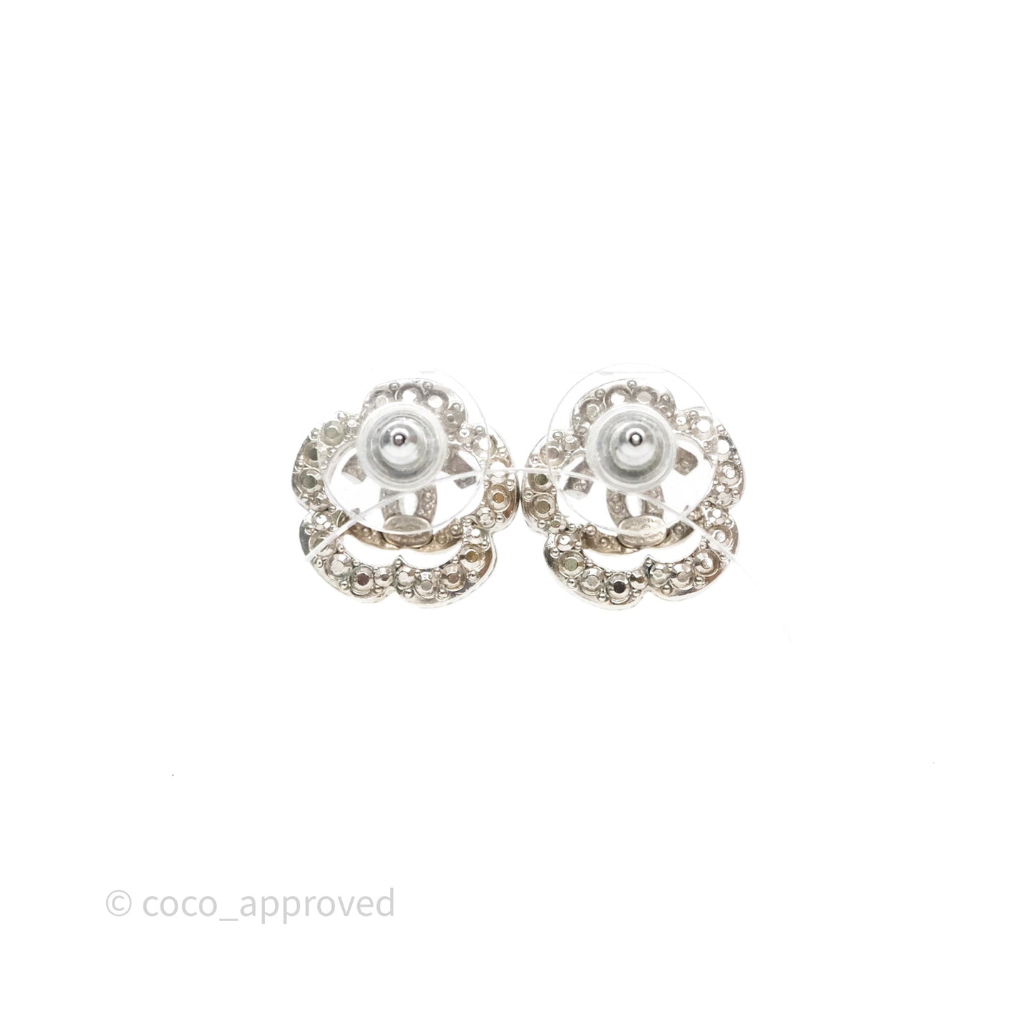 Chanel Crystal CC Camellia Earrings Silver Tone 21V