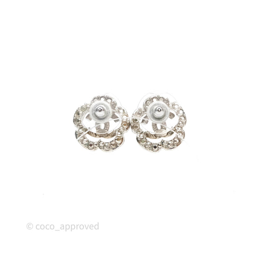 Chanel Crystal CC Camellia Earrings Silver Tone 21V