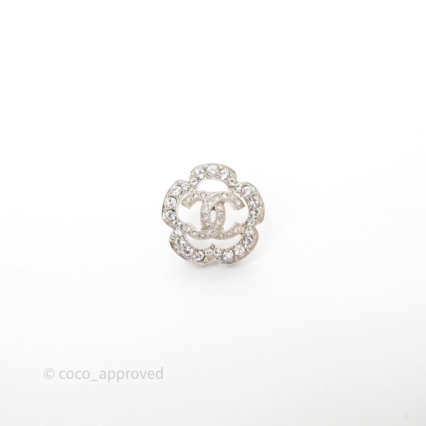 Chanel Crystal CC Camellia Earrings Silver Tone 21V
