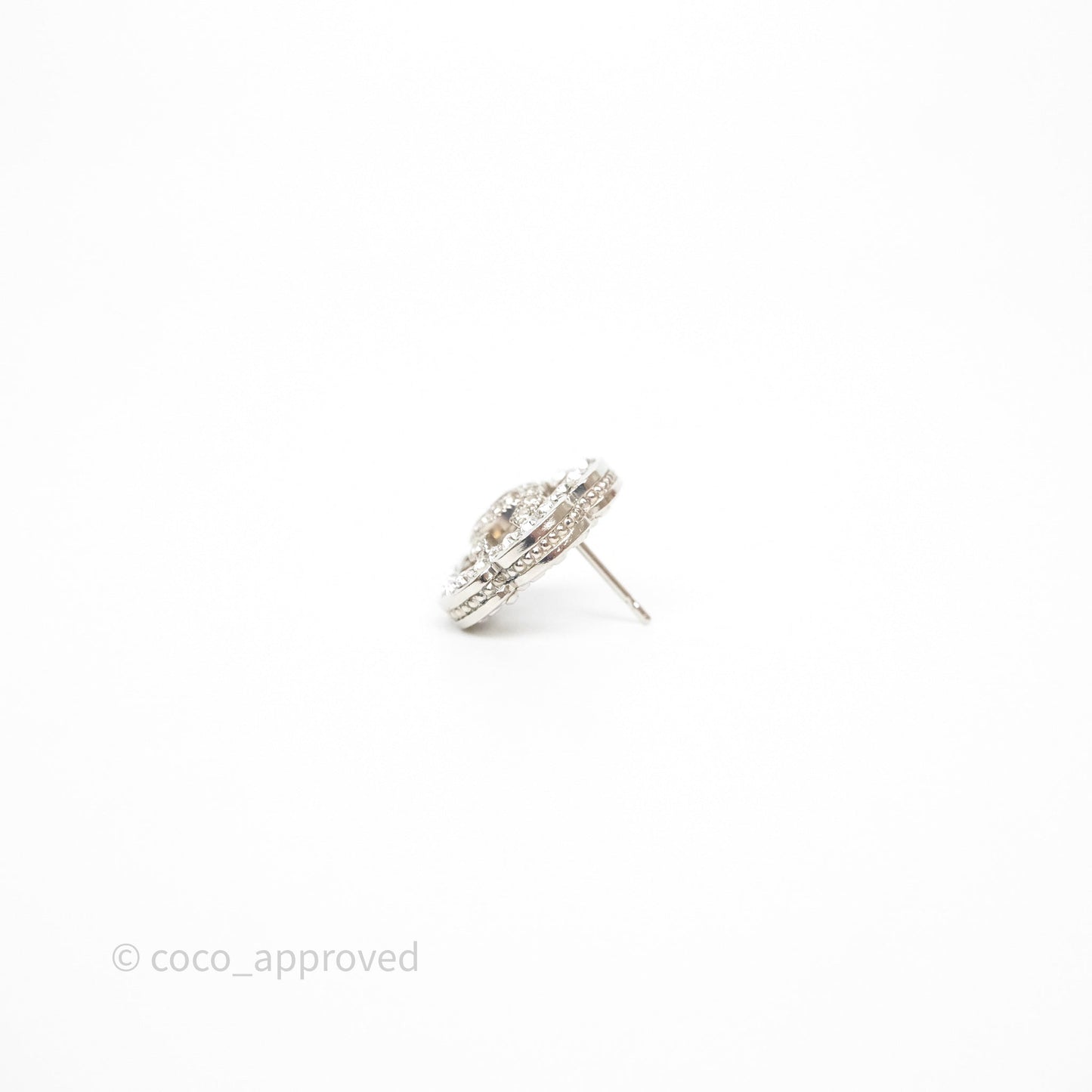 Chanel Crystal CC Camellia Earrings Silver Tone 21V