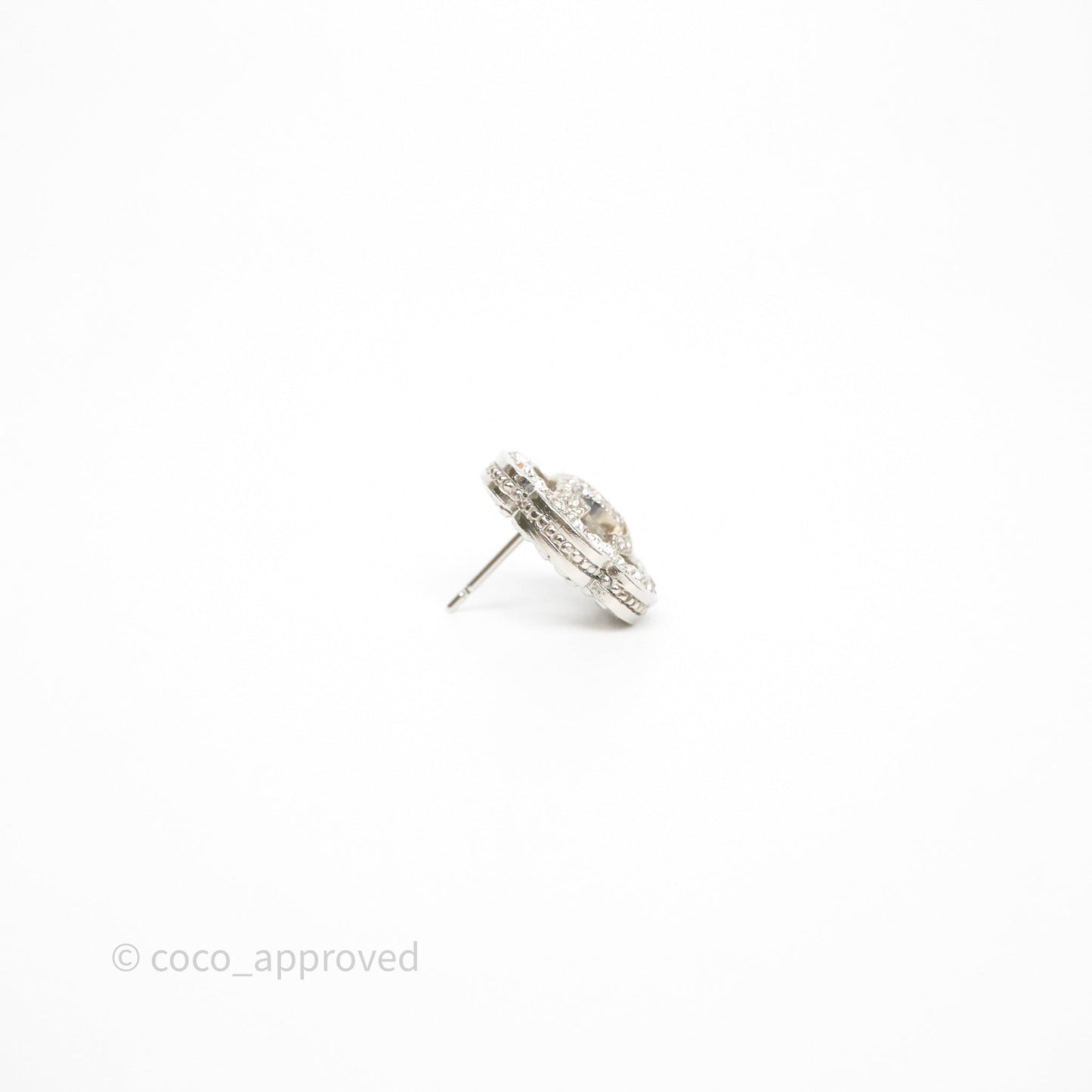 Chanel Crystal CC Camellia Earrings Silver Tone 21V