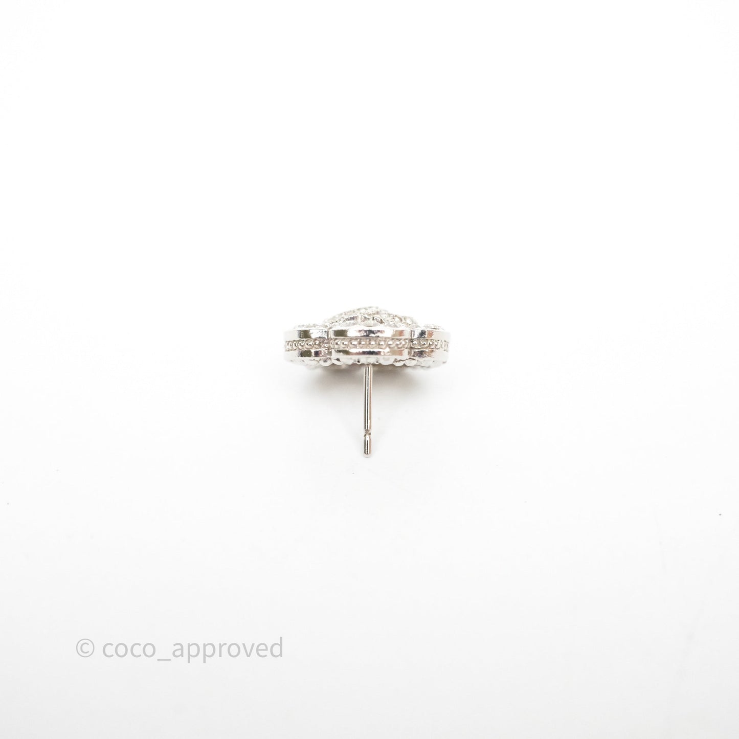 Chanel Crystal CC Camellia Earrings Silver Tone 21V