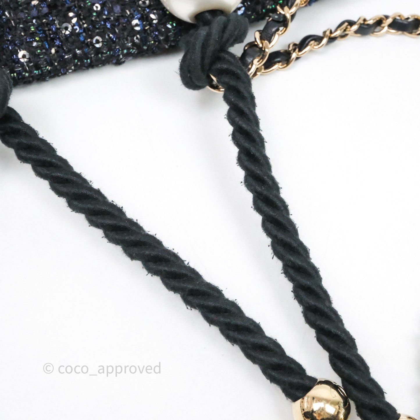 Chanel Small Tweed Sequin Flap Navy With Pearl Chain Gold Hardware