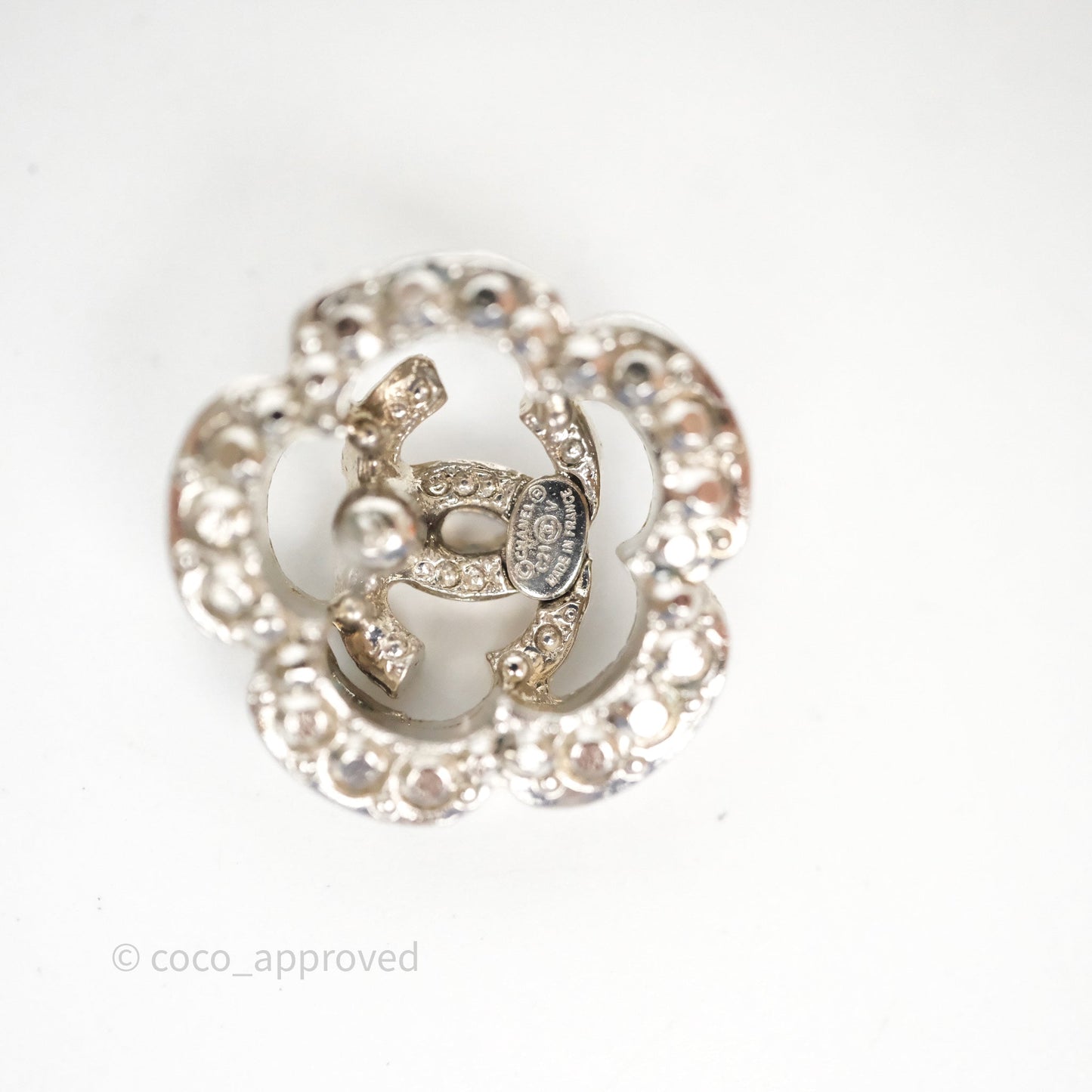 Chanel Crystal CC Camellia Earrings Silver Tone 21V