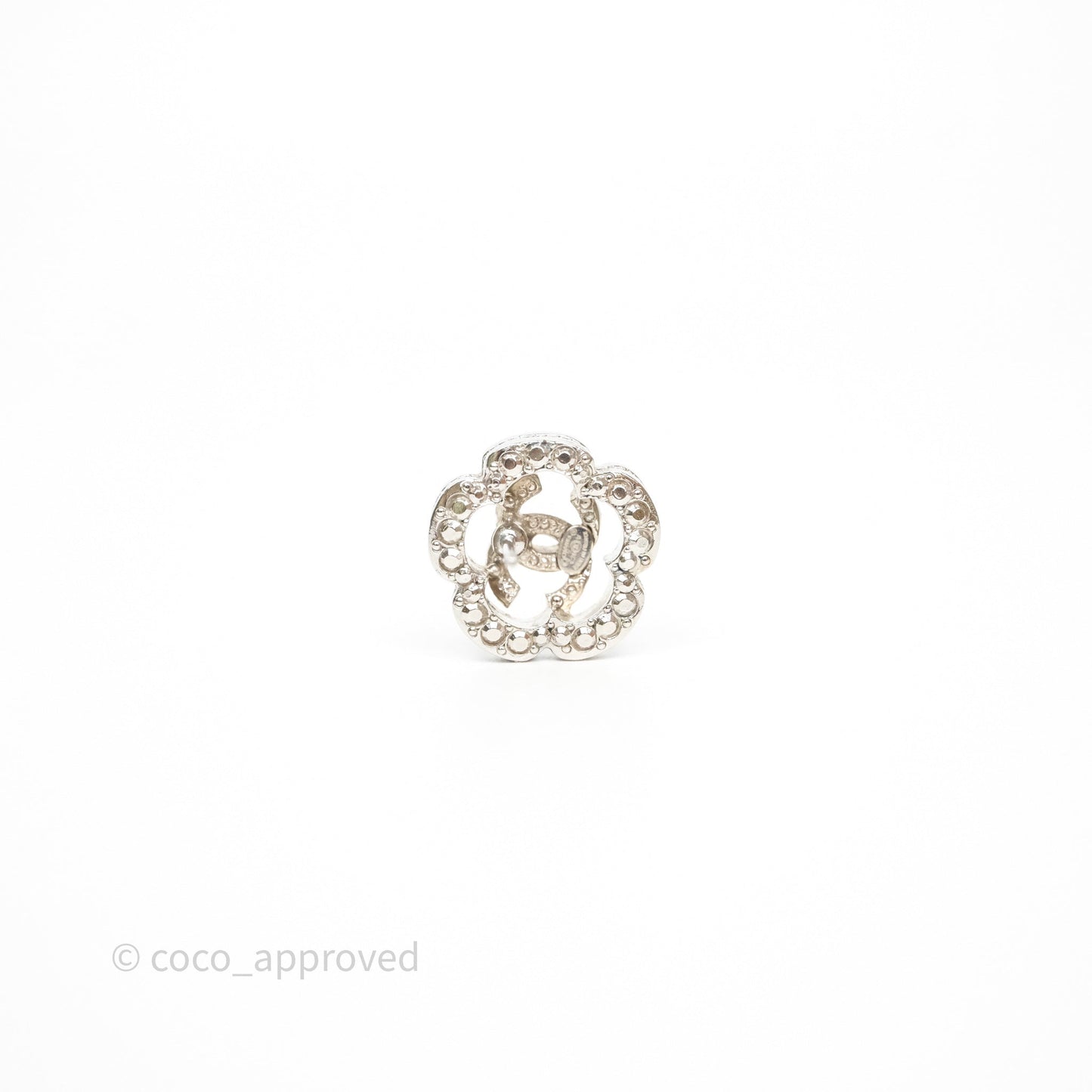 Chanel Crystal CC Camellia Earrings Silver Tone 21V