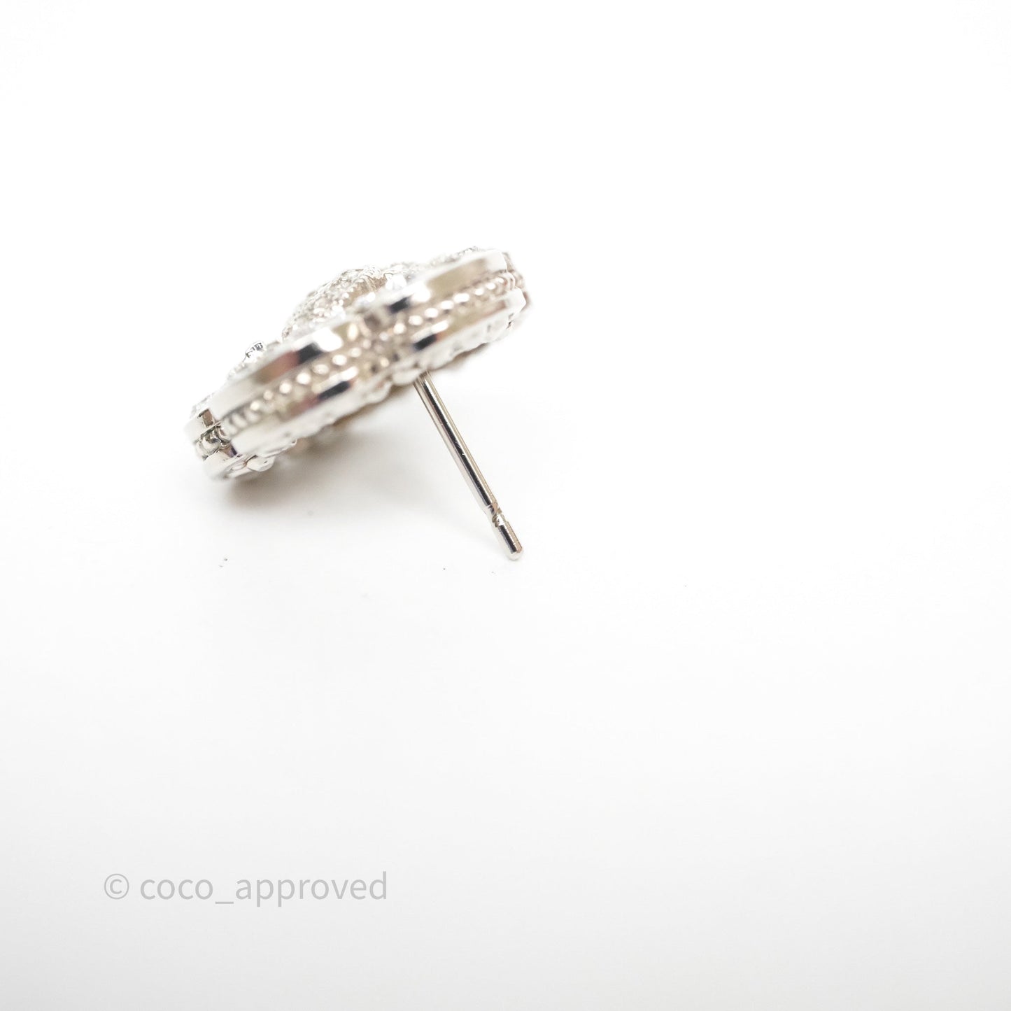 Chanel Crystal CC Camellia Earrings Silver Tone 21V