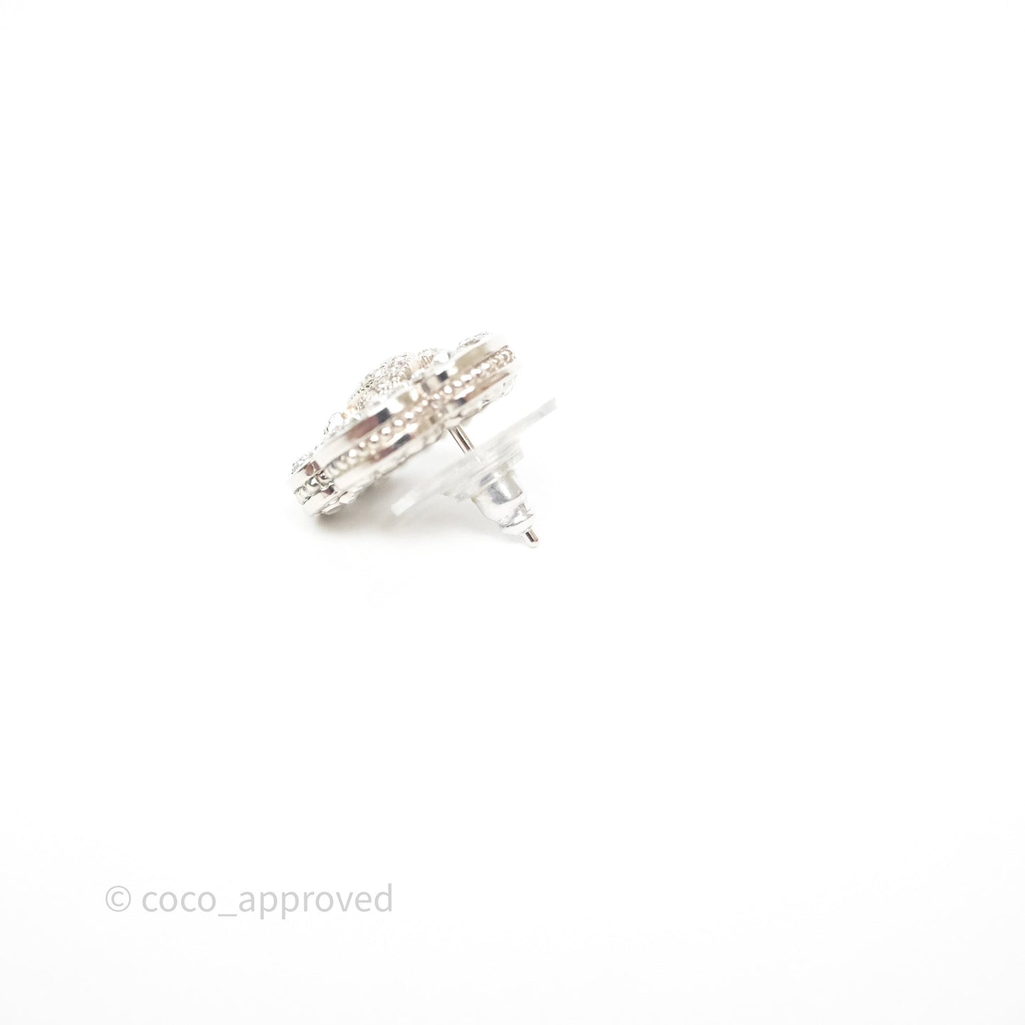 Chanel Crystal CC Camellia Earrings Silver Tone 21V