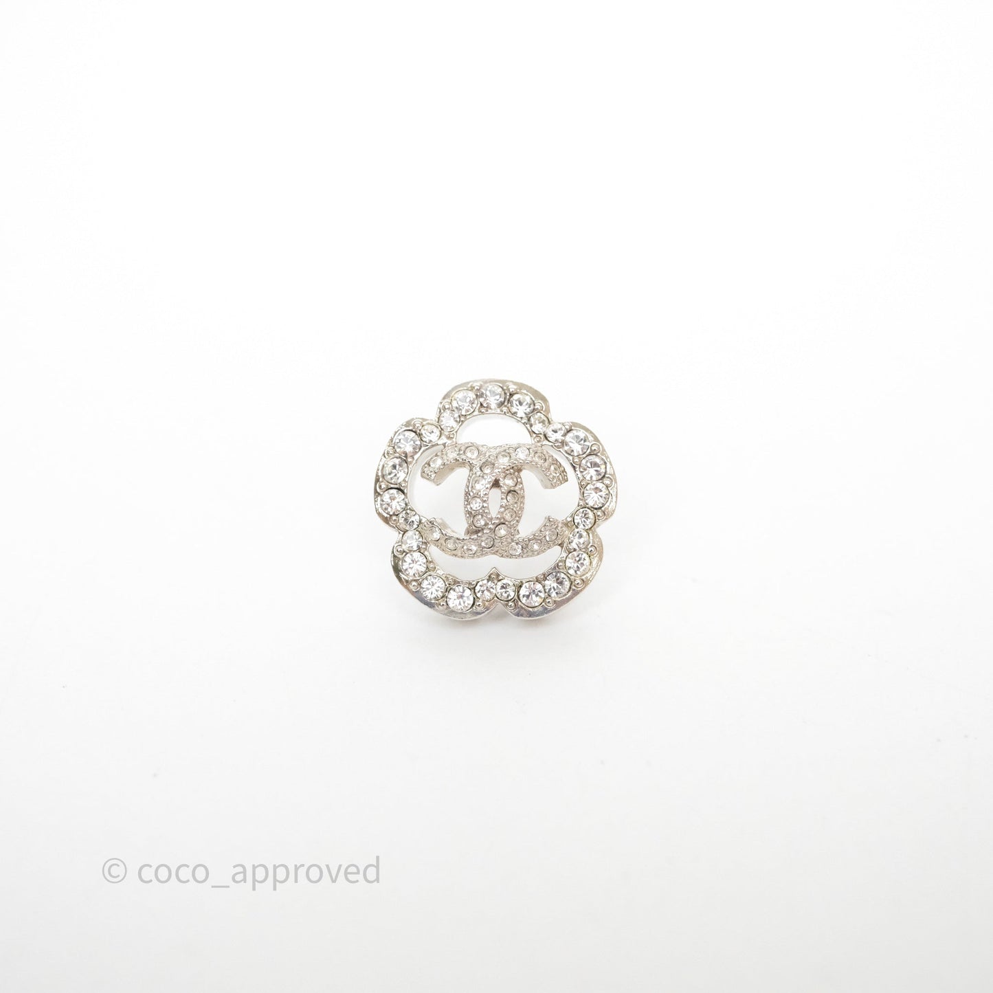Chanel Crystal CC Camellia Earrings Silver Tone 21V