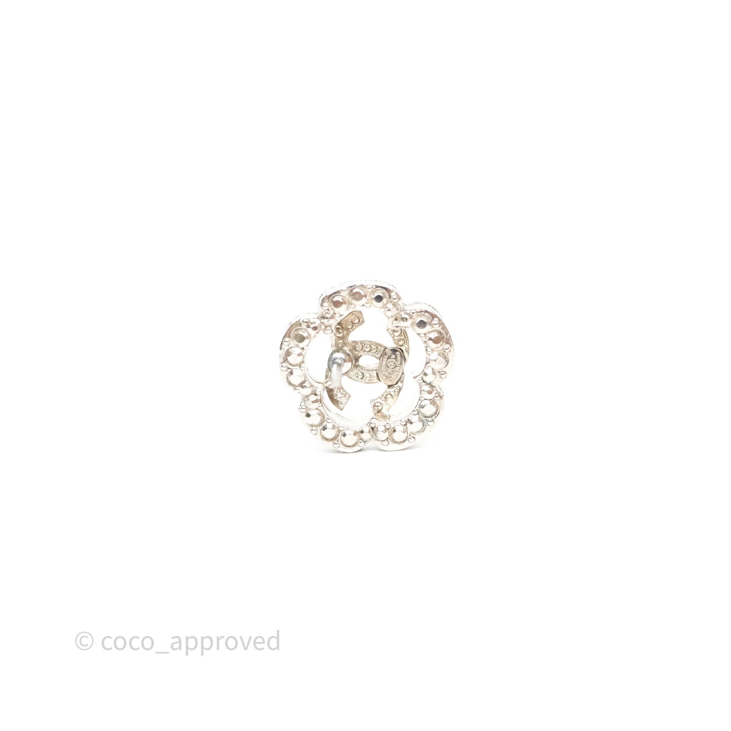 Chanel Crystal CC Camellia Earrings Silver Tone 21V