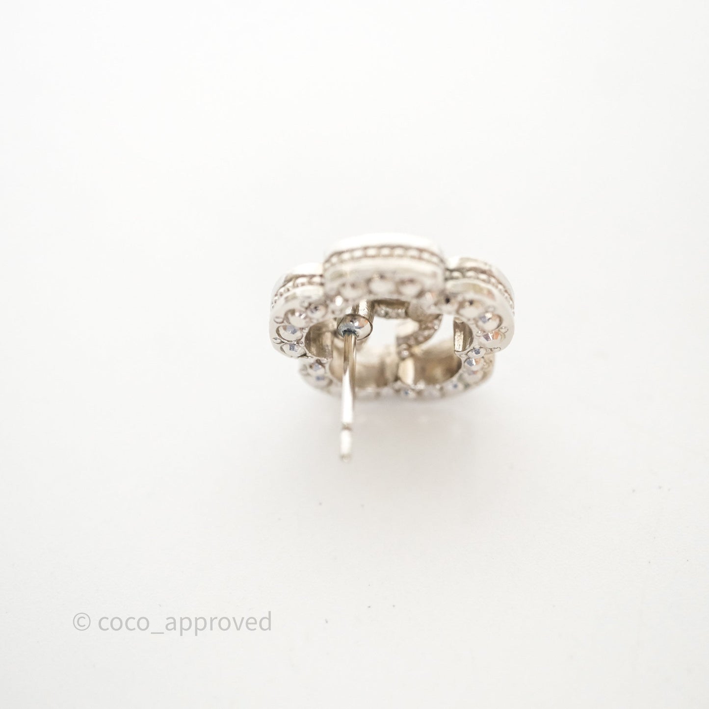 Chanel Crystal CC Camellia Earrings Silver Tone 21V