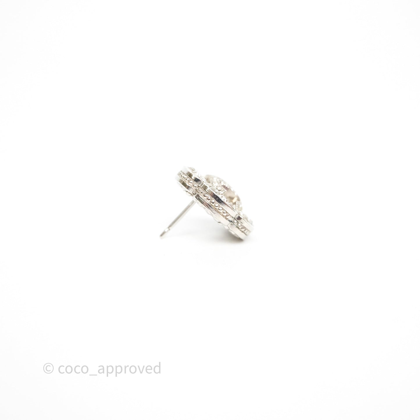 Chanel Crystal CC Camellia Earrings Silver Tone 21V