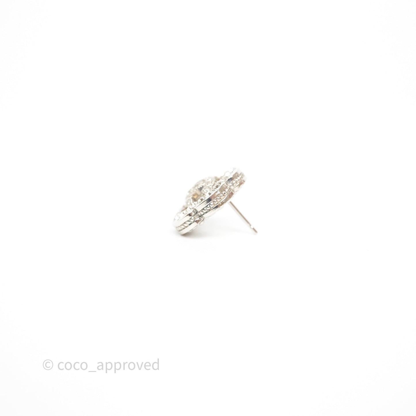 Chanel Crystal CC Camellia Earrings Silver Tone 21V