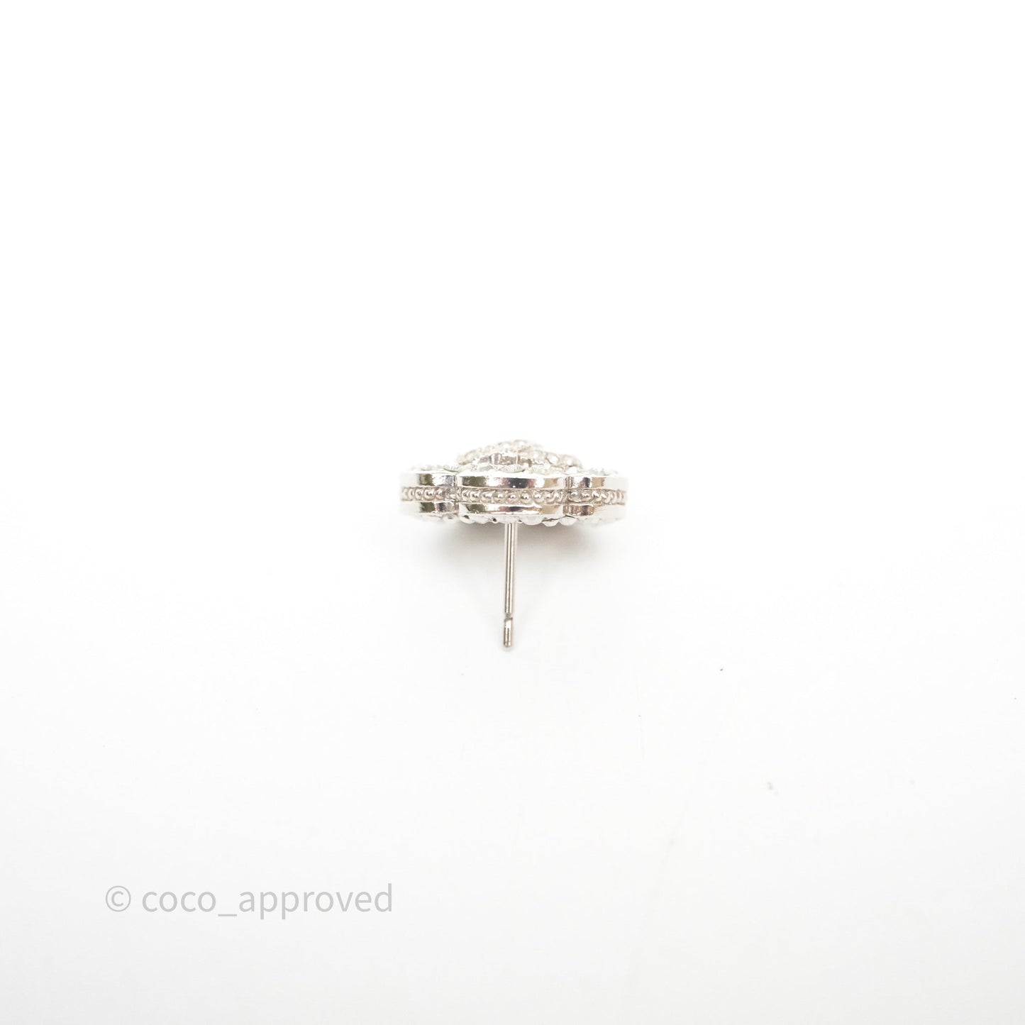 Chanel Crystal CC Camellia Earrings Silver Tone 21V