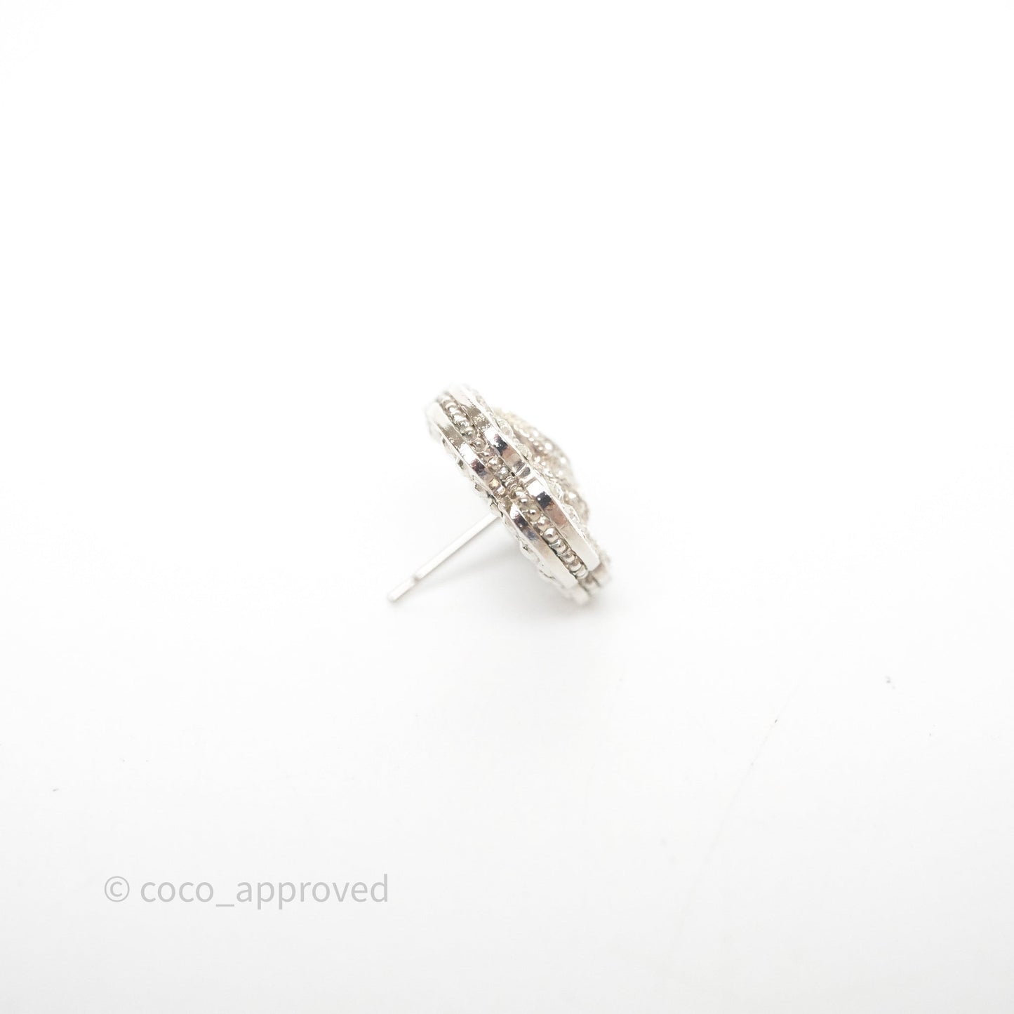 Chanel Crystal CC Camellia Earrings Silver Tone 21V
