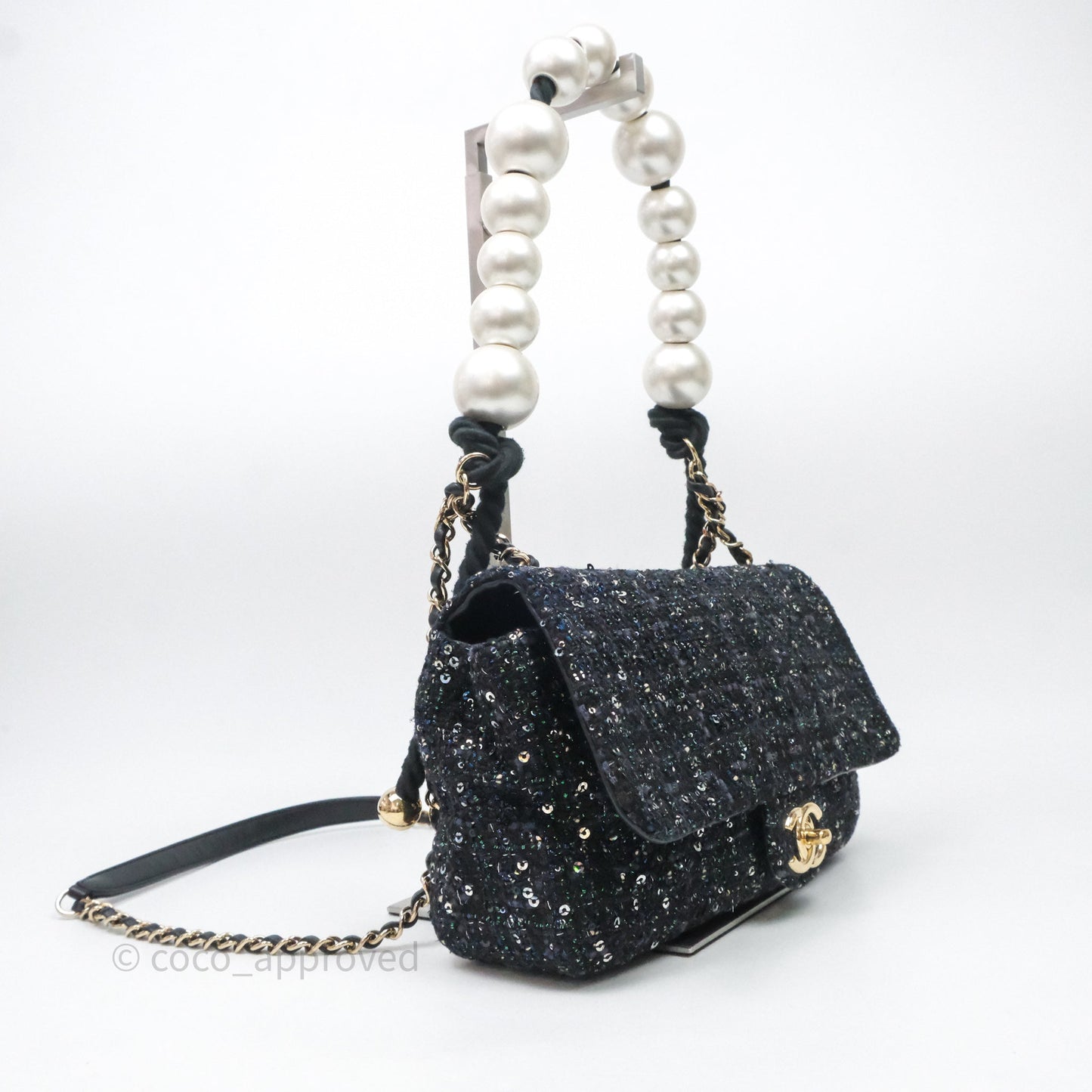 Chanel Small Tweed Sequin Flap Navy With Pearl Chain Gold Hardware