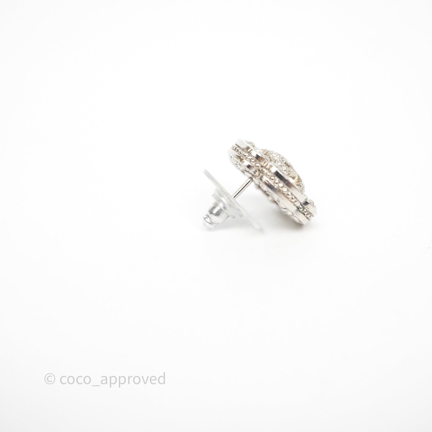 Chanel Crystal CC Camellia Earrings Silver Tone 21V