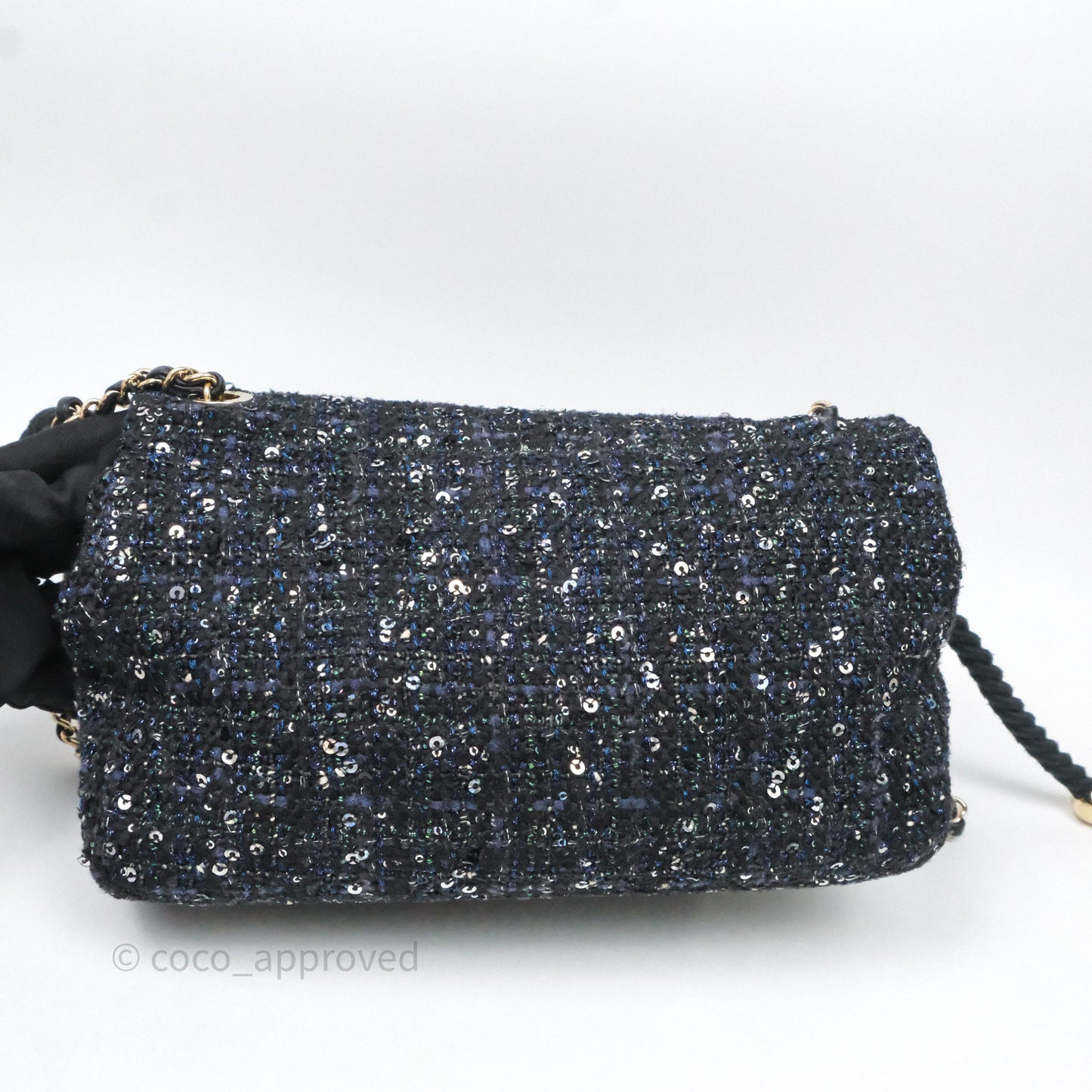 Chanel Small Tweed Sequin Flap Navy With Pearl Chain Gold Hardware