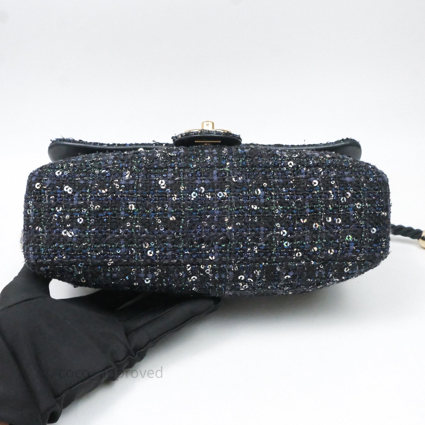 Chanel Small Tweed Sequin Flap Navy With Pearl Chain Gold Hardware