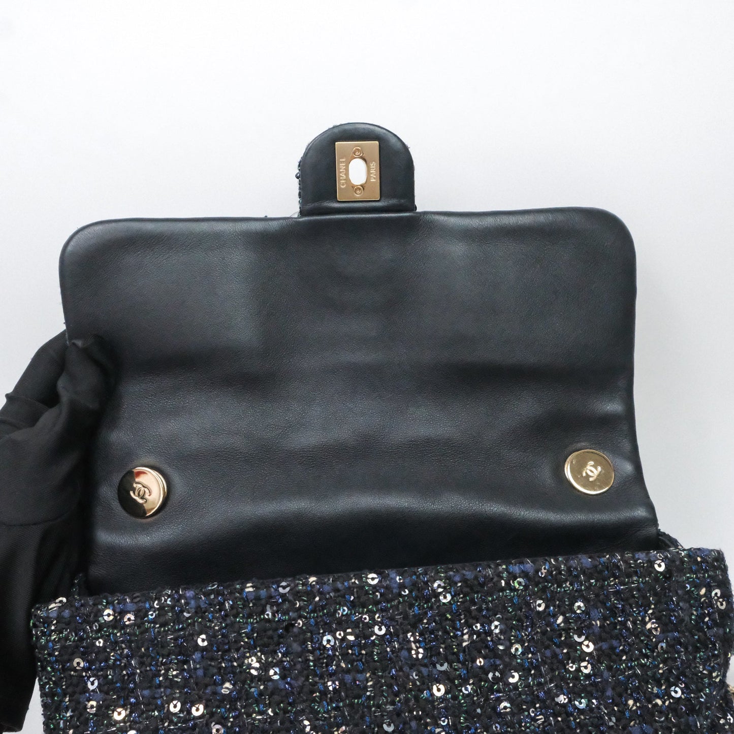 Chanel Small Tweed Sequin Flap Navy With Pearl Chain Gold Hardware