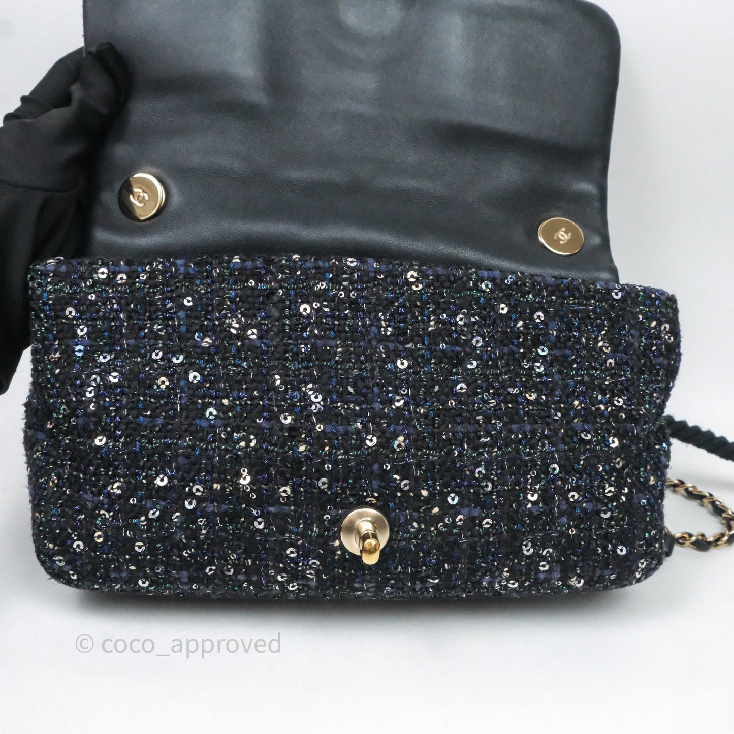 Chanel Small Tweed Sequin Flap Navy With Pearl Chain Gold Hardware
