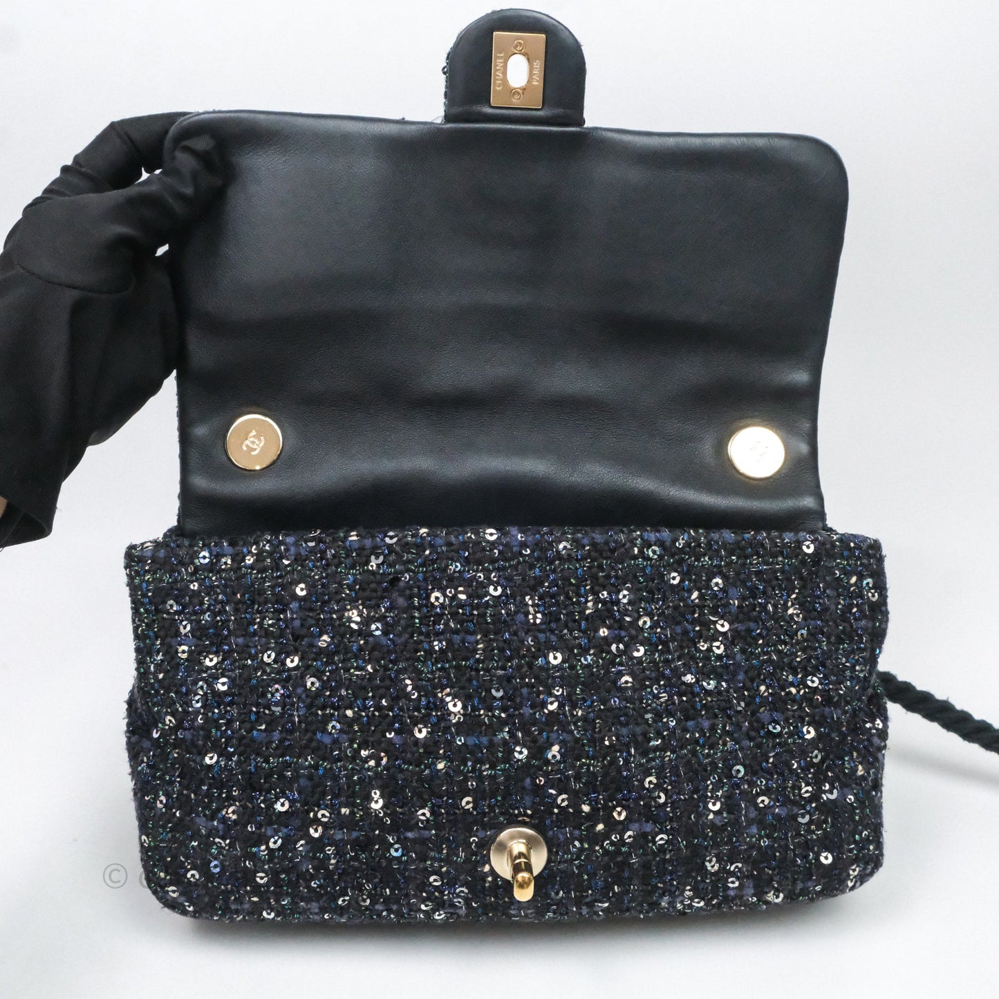Chanel Small Tweed Sequin Flap Navy With Pearl Chain Gold Hardware