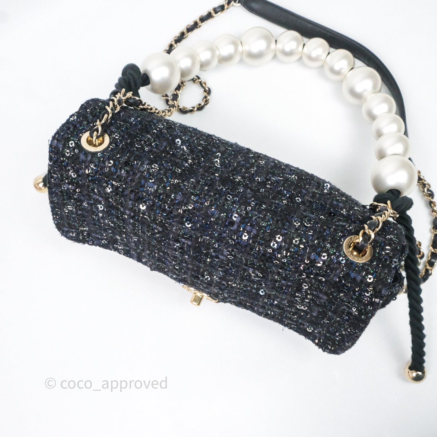 Chanel Small Tweed Sequin Flap Navy With Pearl Chain Gold Hardware